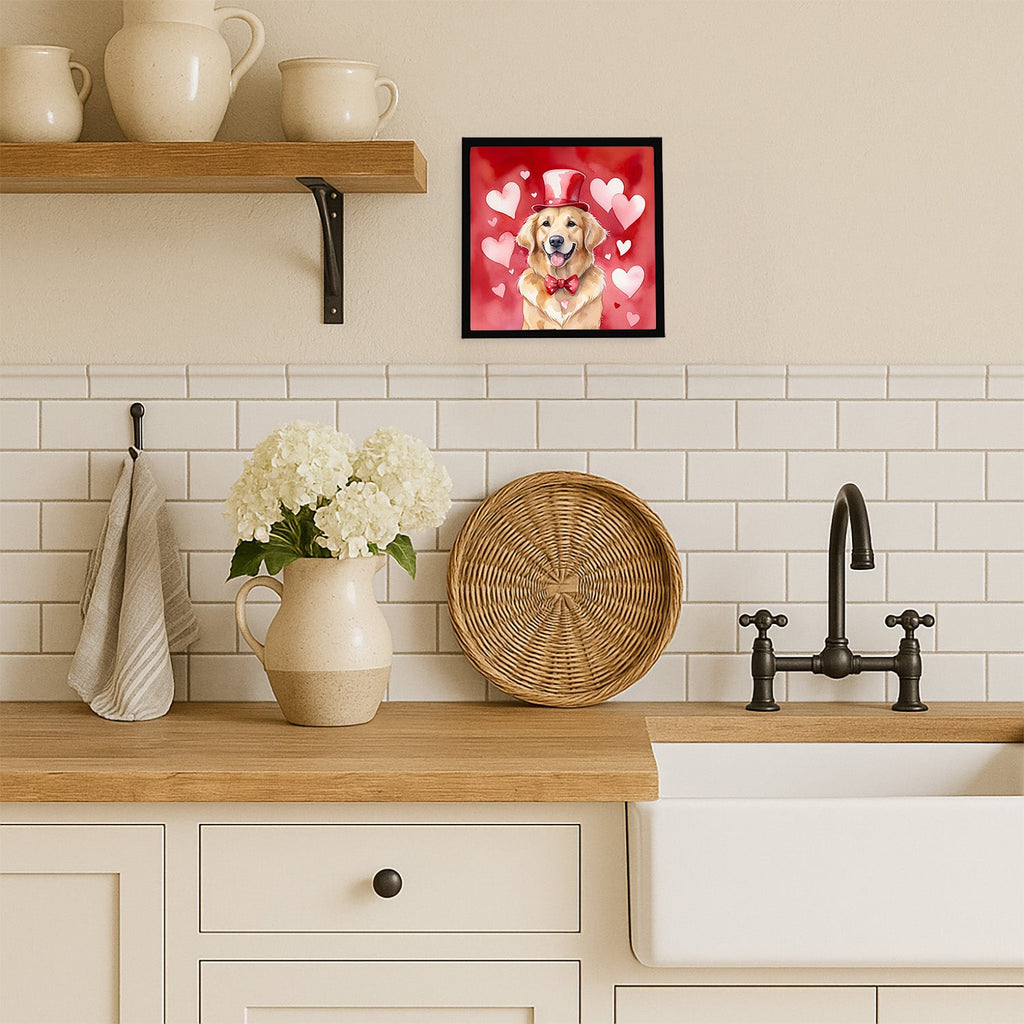 Golden Retriever My Valentine Framed Metal Print Bathroom, Kitchen, Office, Home Decor Wall Art Ready to Hang, Square, 8X8