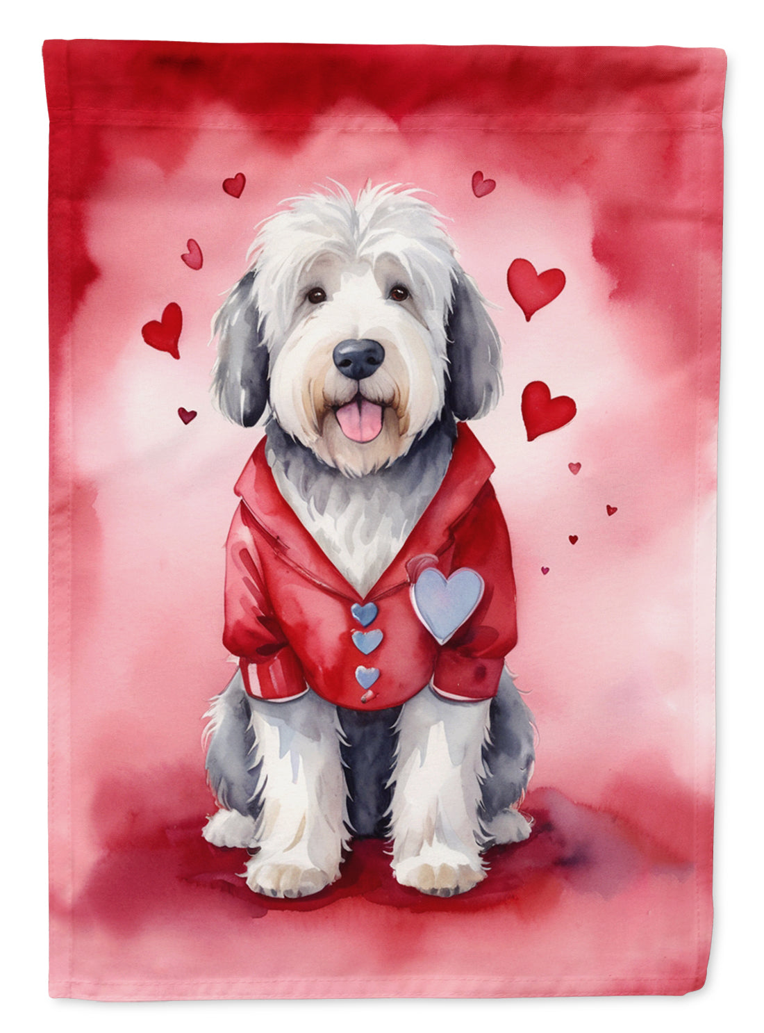 Old English Sheepdog My Valentine House Flag 28x40 Porch Sleeve Pole Decorative Outside Yard Banner Artwork Wall Hanging, Polyester