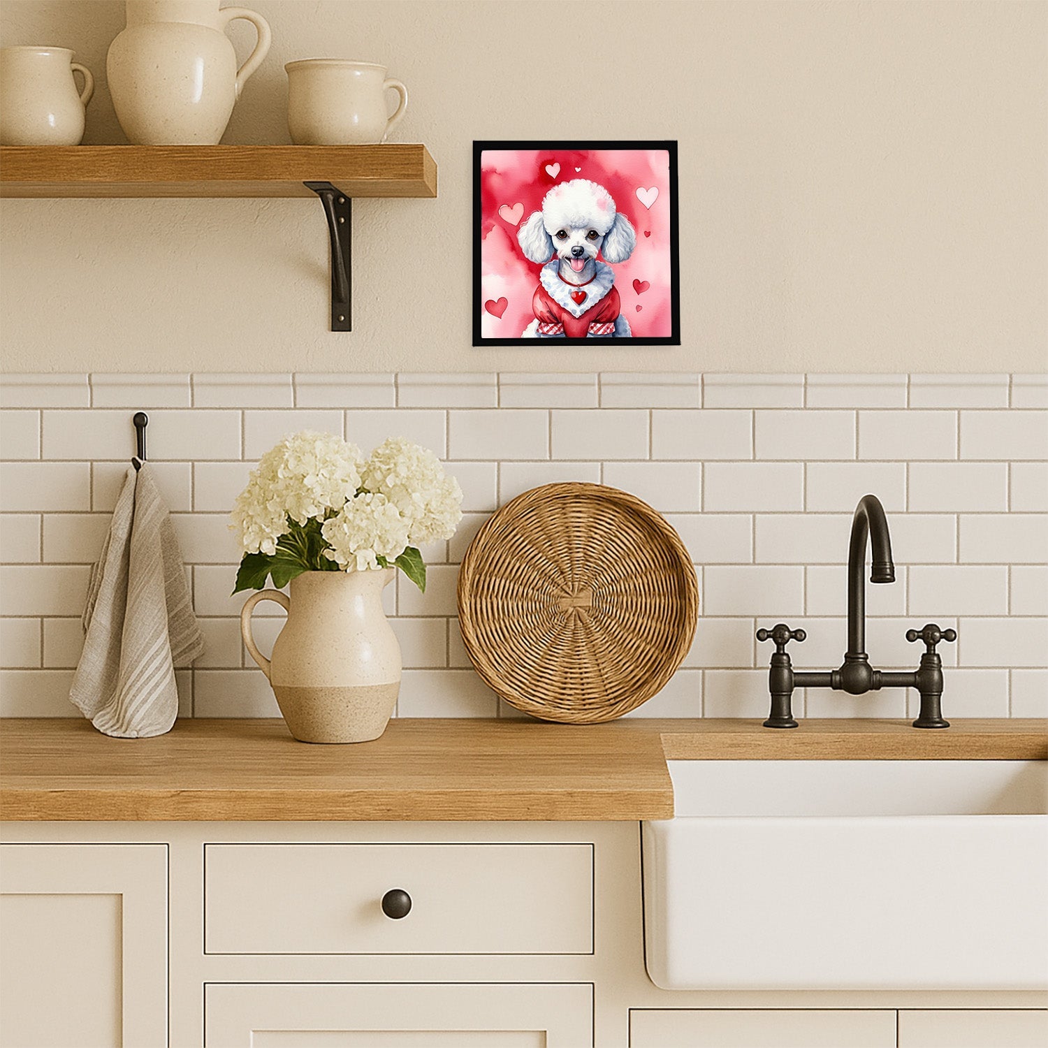 White Poodle My Valentine Framed Metal Print Bathroom, Kitchen, Office, Home Decor Wall Art Ready to Hang, Square, 8X8