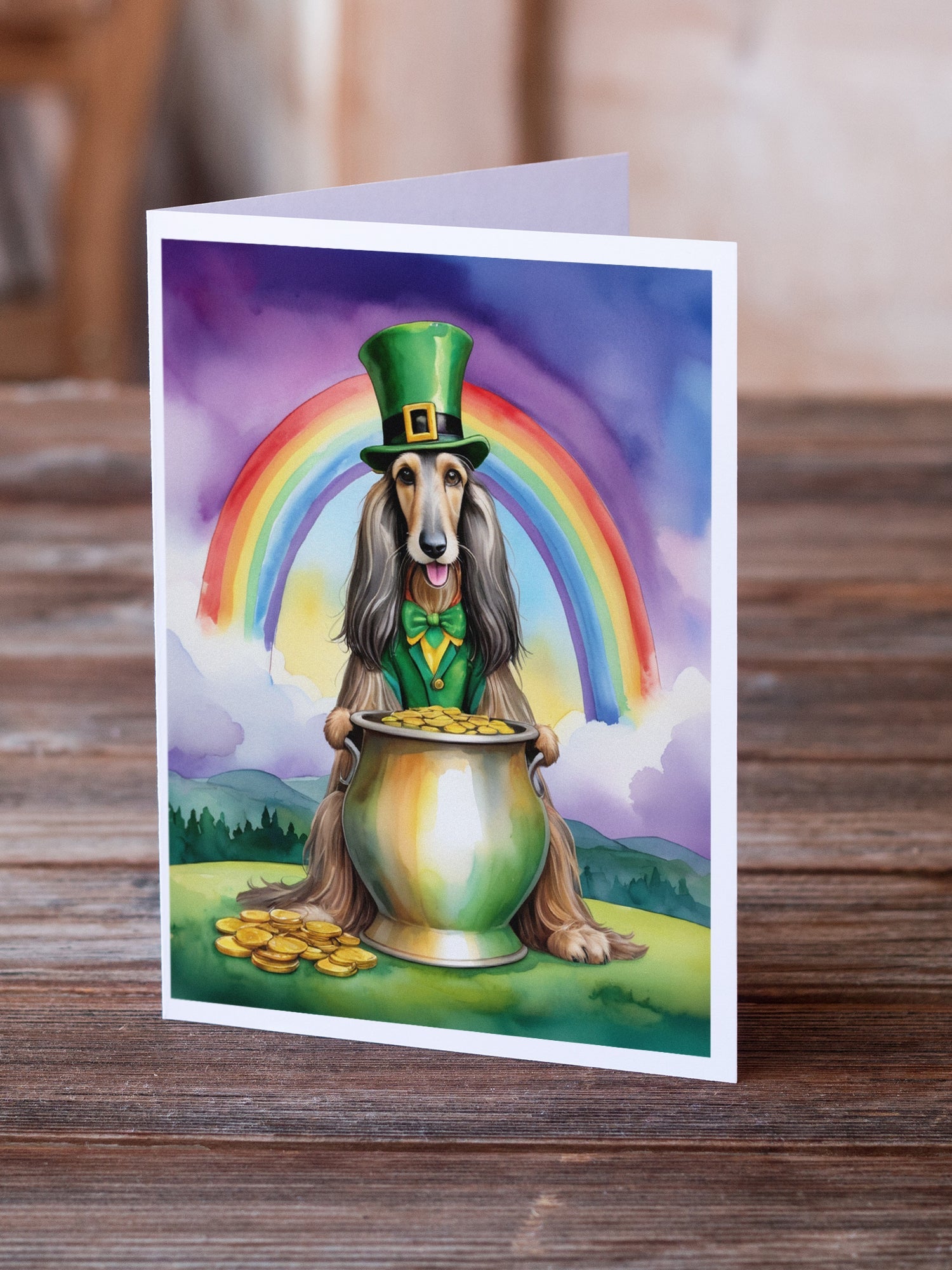 Afghan Hound St Patrick's Day Greeting Cards Pack of 8 Blank Cards with Envelopes Whimsical A7 Size 5x7