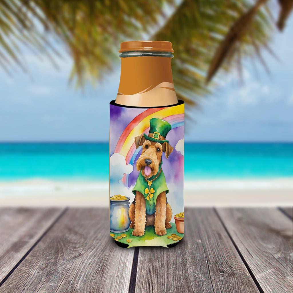 Airedale Terrier St Patrick's Day Slim Can Hugger , Insulated Foam Hugger for 12 oz Slim Cans, Beer Bottles & Water Bottles, Printed in USA
