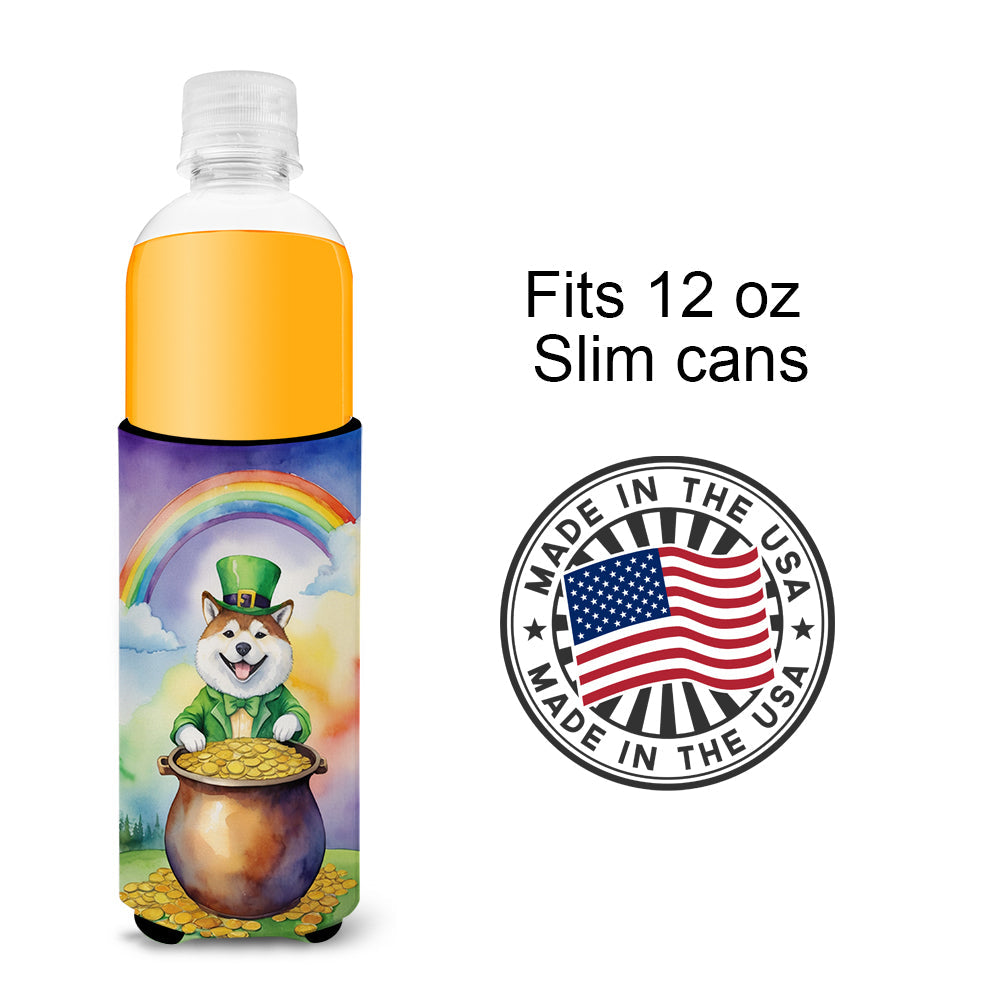 Akita St Patrick's Day Slim Can Hugger , Insulated Foam Hugger for 12 oz Slim Cans, Beer Bottles & Water Bottles, Printed in USA