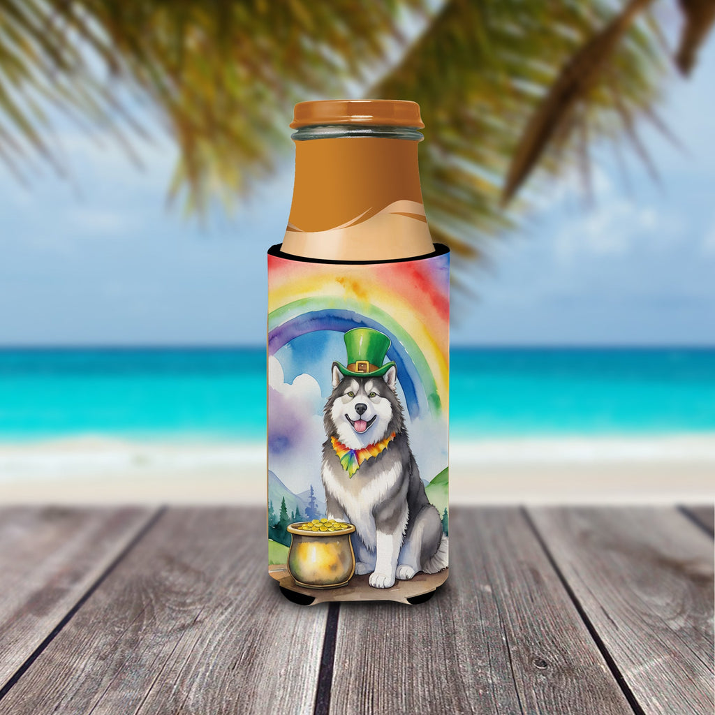 Alaskan Malamute St Patrick's Day Slim Can Hugger , Insulated Foam Hugger for 12 oz Slim Cans, Beer Bottles & Water Bottles, Printed in USA