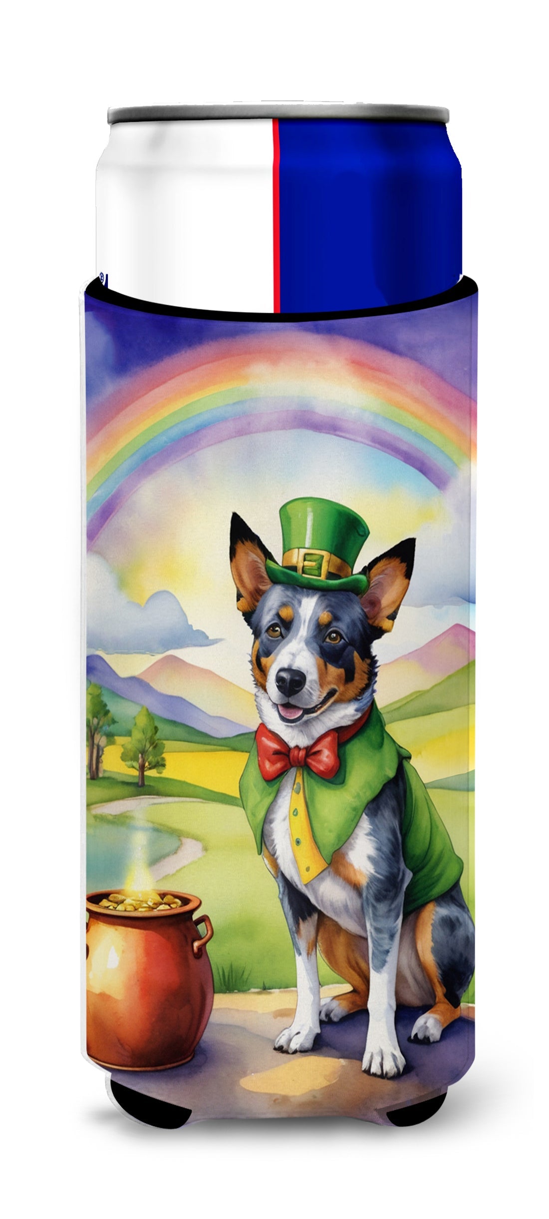 Australian Cattle Dog St Patrick's Day Slim Can Hugger , Insulated Foam Hugger for 12 oz Slim Cans, Beer Bottles & Water Bottles, Printed in USA