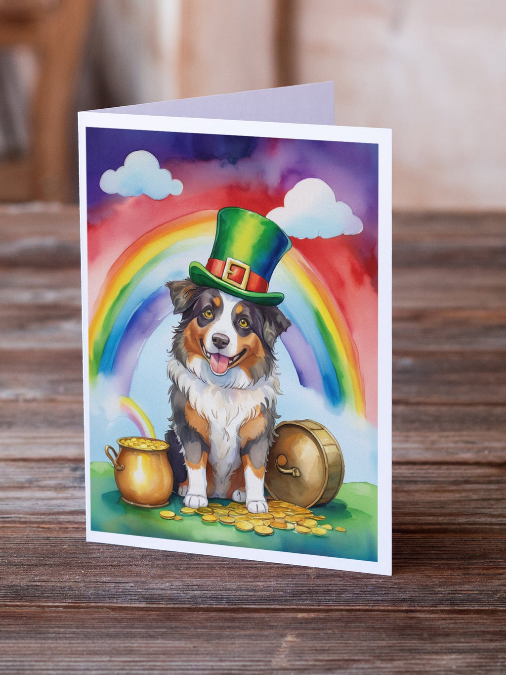 Australian Shepherd St Patrick's Day Greeting Cards Pack of 8 Blank Cards with Envelopes Whimsical A7 Size 5x7