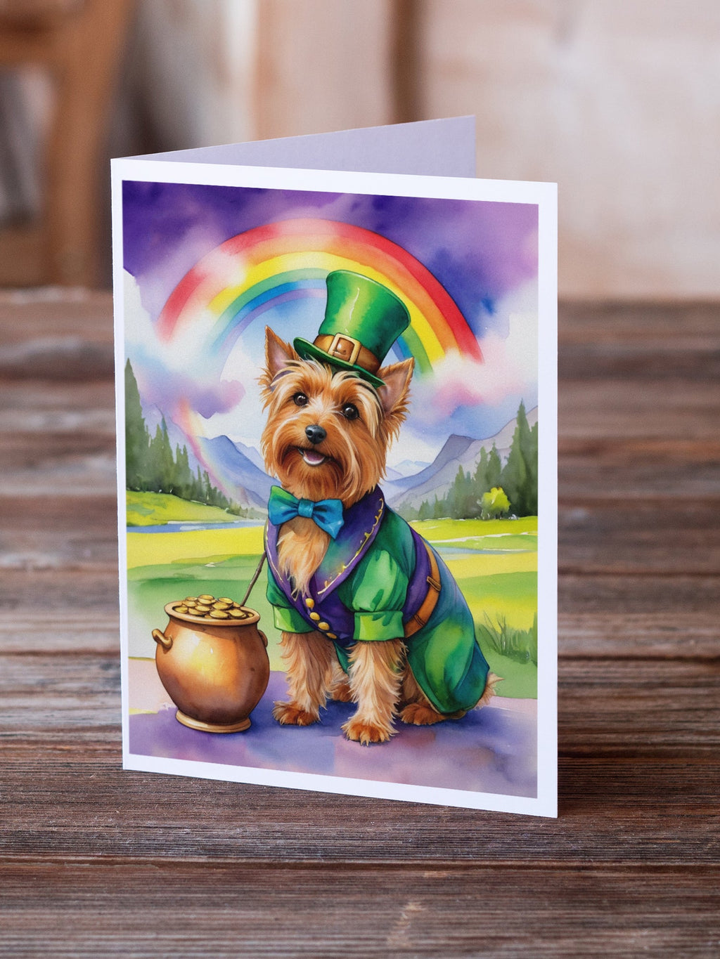 Australian Terrier St Patrick's Day Greeting Cards Pack of 8 Blank Cards with Envelopes Whimsical A7 Size 5x7