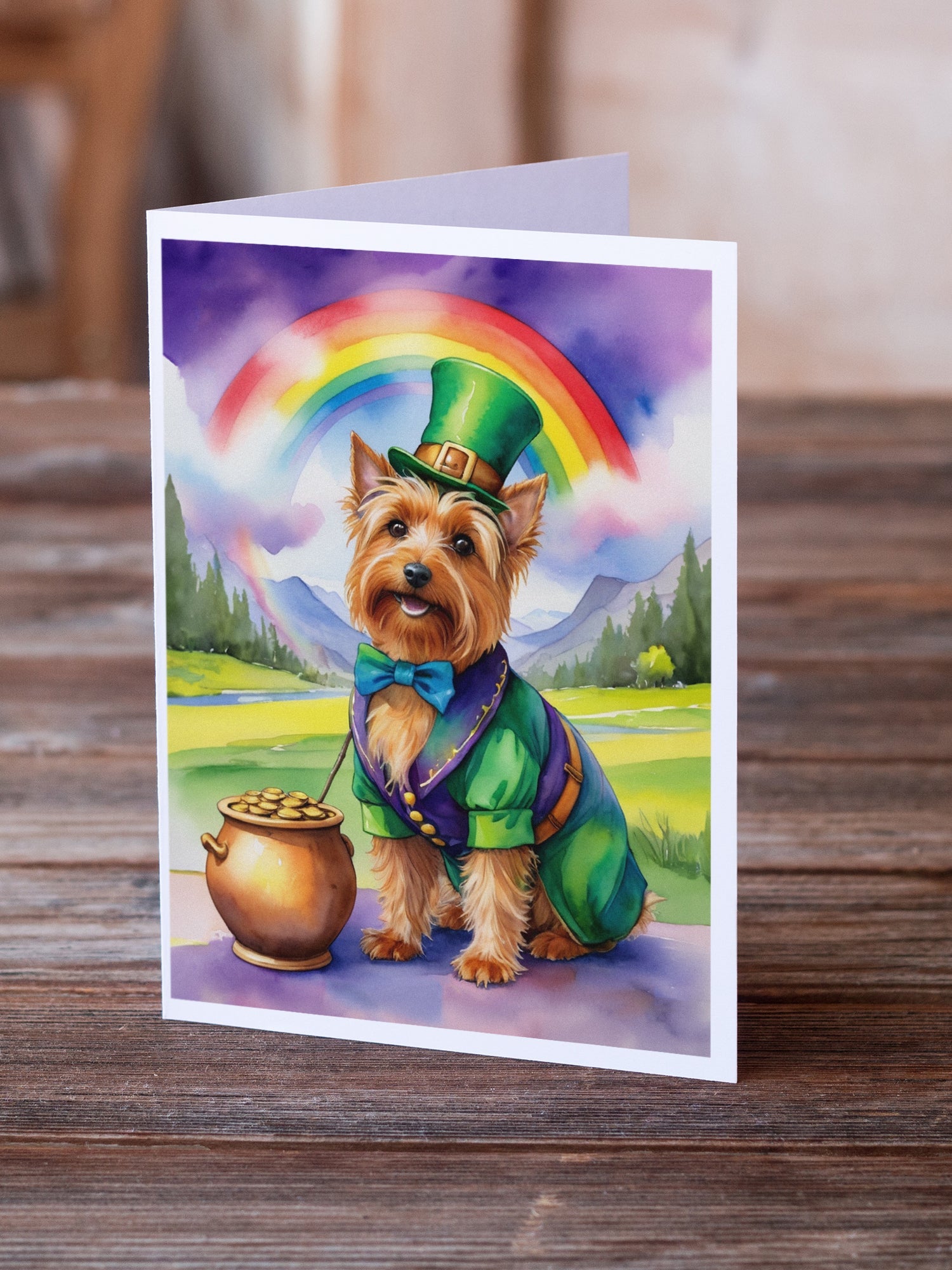Australian Terrier St Patrick's Day Greeting Cards Pack of 8 Blank Cards with Envelopes Whimsical A7 Size 5x7