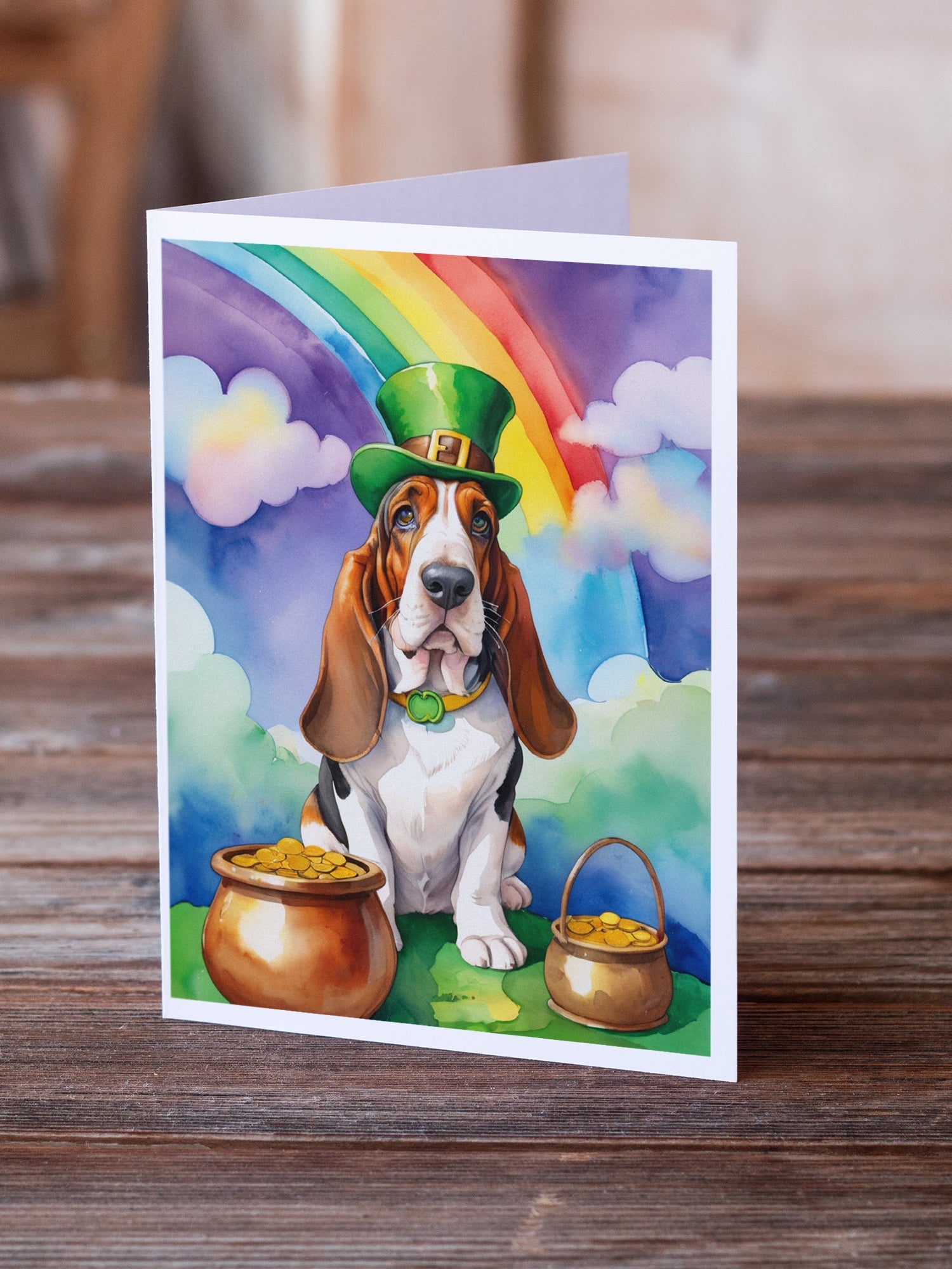Basset Hound St Patrick's Day Greeting Cards Pack of 8 Blank Cards with Envelopes Whimsical A7 Size 5x7