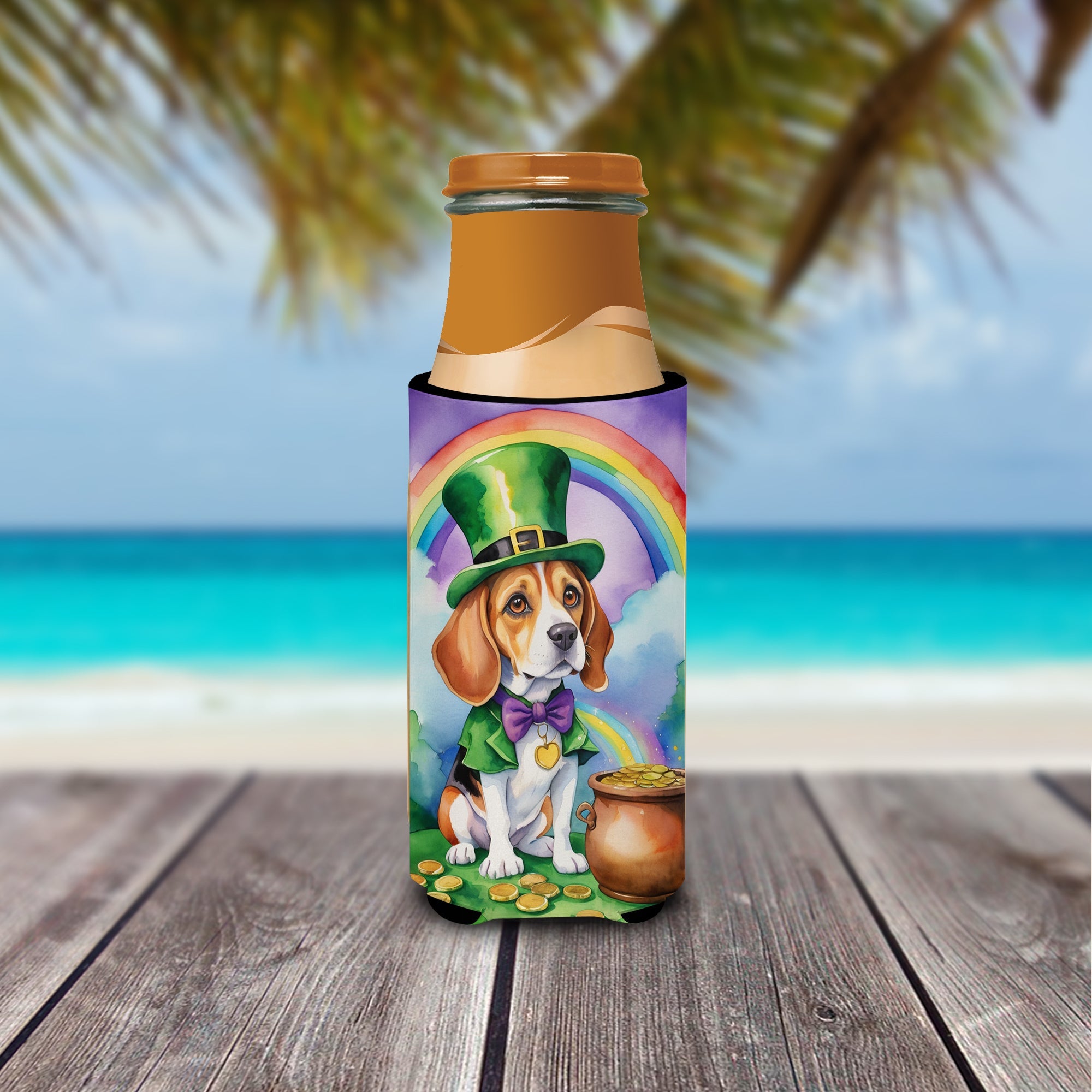 Beagle St Patrick's Day Slim Can Hugger , Insulated Foam Hugger for 12 oz Slim Cans, Beer Bottles & Water Bottles, Printed in USA