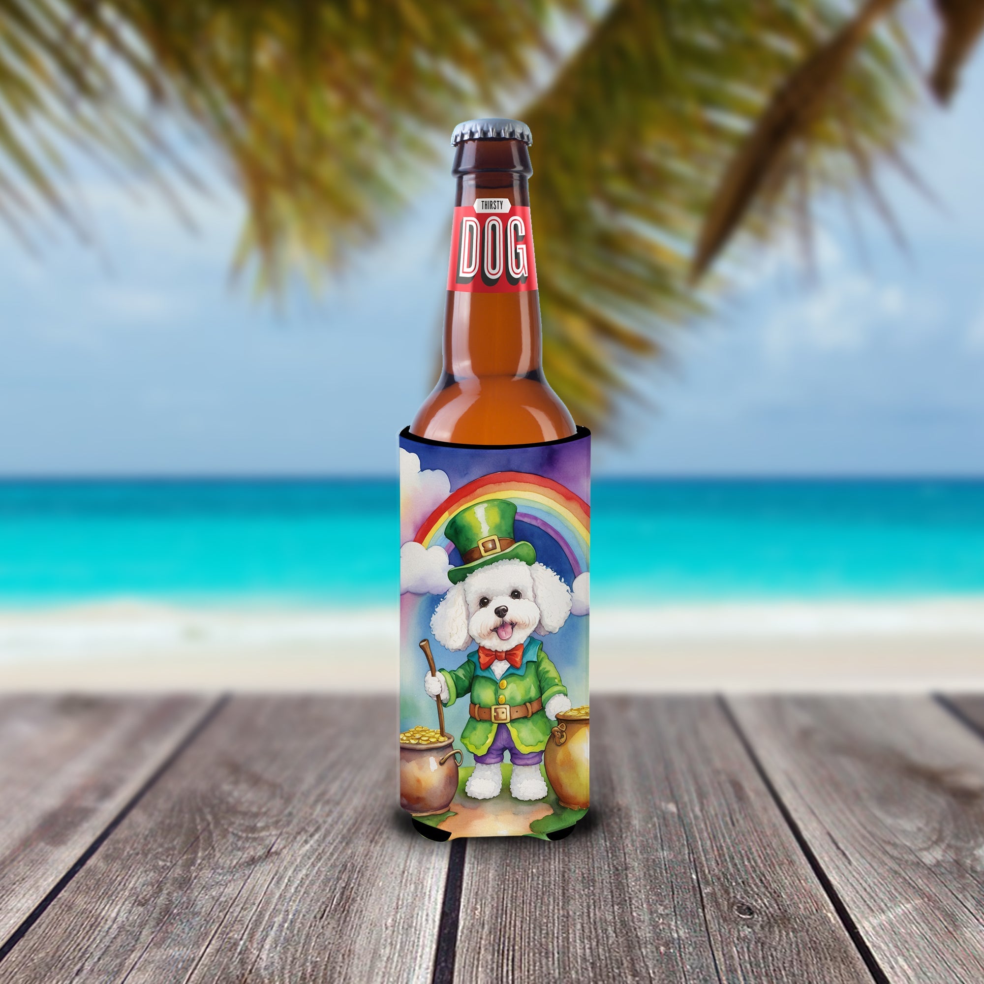 Bichon Frise St Patrick's Day Slim Can Hugger , Insulated Foam Hugger for 12 oz Slim Cans, Beer Bottles & Water Bottles, Printed in USA