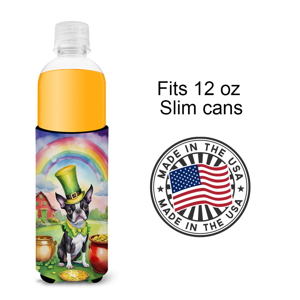Boston Terrier St Patrick's Day Slim Can Hugger , Insulated Foam Hugger for 12 oz Slim Cans, Beer Bottles & Water Bottles, Printed in USA