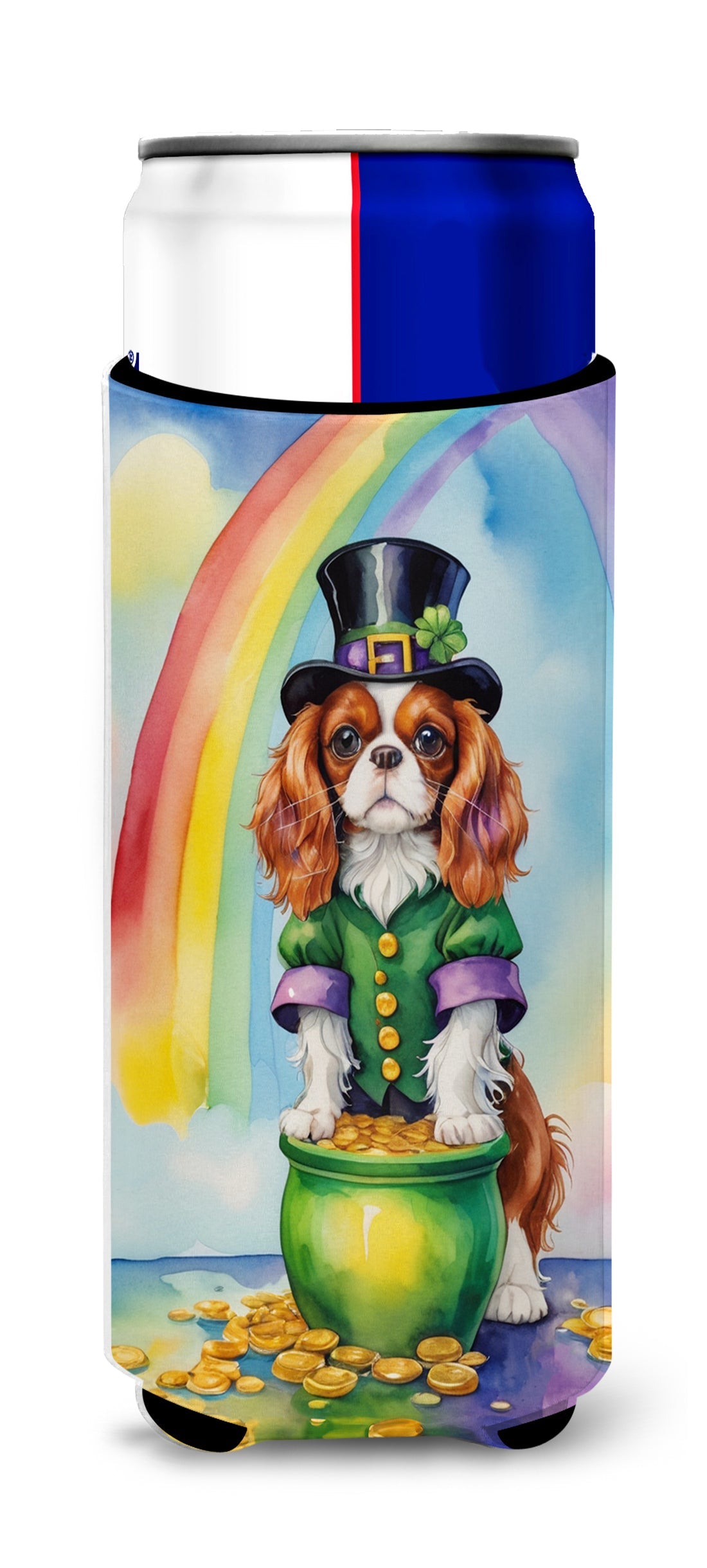 Cavalier Spaniel St Patrick's Day Slim Can Hugger , Insulated Foam Hugger for 12 oz Slim Cans, Beer Bottles & Water Bottles, Printed in USA