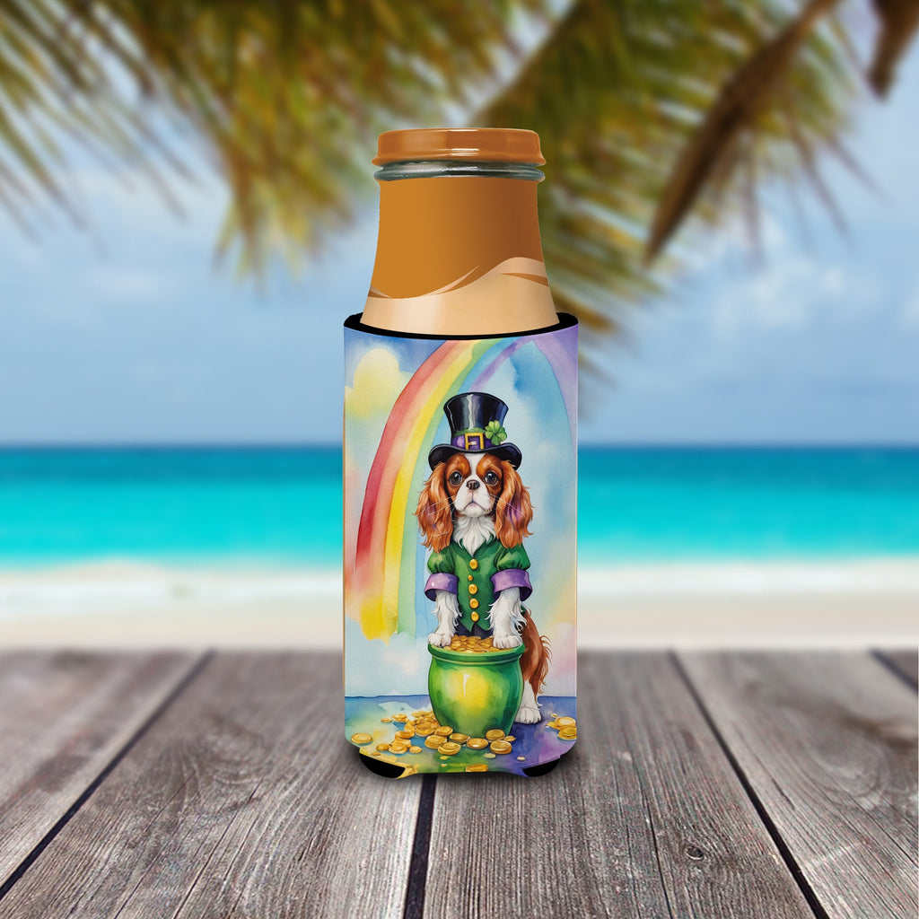 Cavalier Spaniel St Patrick's Day Slim Can Hugger , Insulated Foam Hugger for 12 oz Slim Cans, Beer Bottles & Water Bottles, Printed in USA