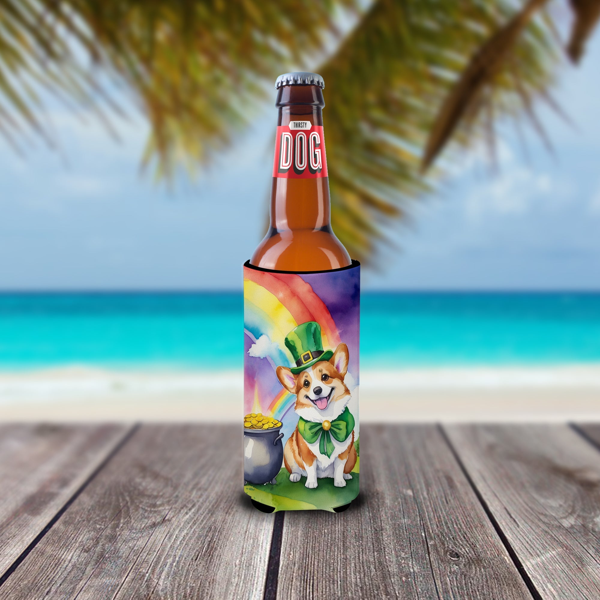 Corgi St Patrick's Day Slim Can Hugger , Insulated Foam Hugger for 12 oz Slim Cans, Beer Bottles & Water Bottles, Printed in USA