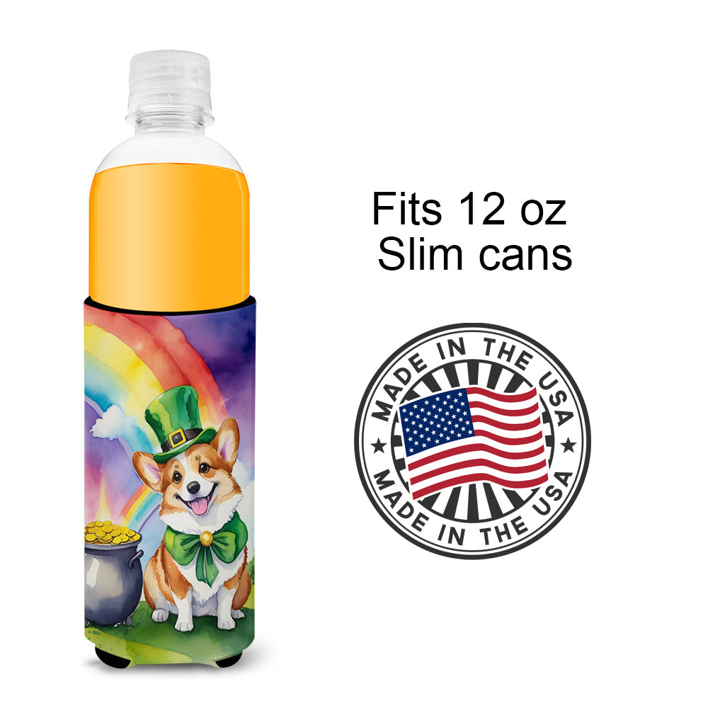 Corgi St Patrick's Day Slim Can Hugger , Insulated Foam Hugger for 12 oz Slim Cans, Beer Bottles & Water Bottles, Printed in USA