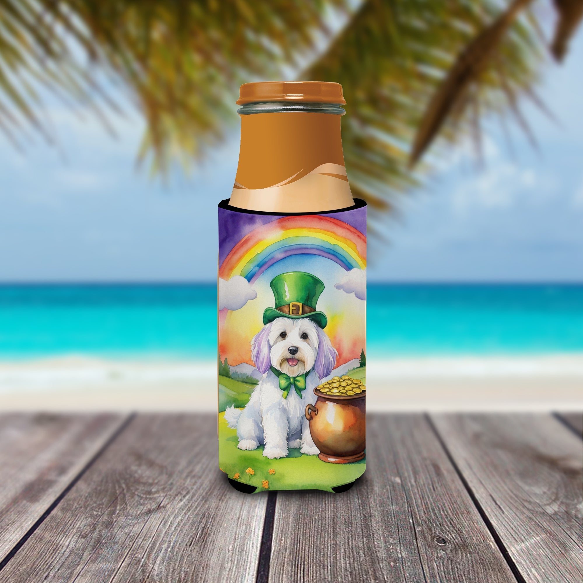 Coton de Tulear St Patrick's Day Slim Can Hugger , Insulated Foam Hugger for 12 oz Slim Cans, Beer Bottles & Water Bottles, Printed in USA
