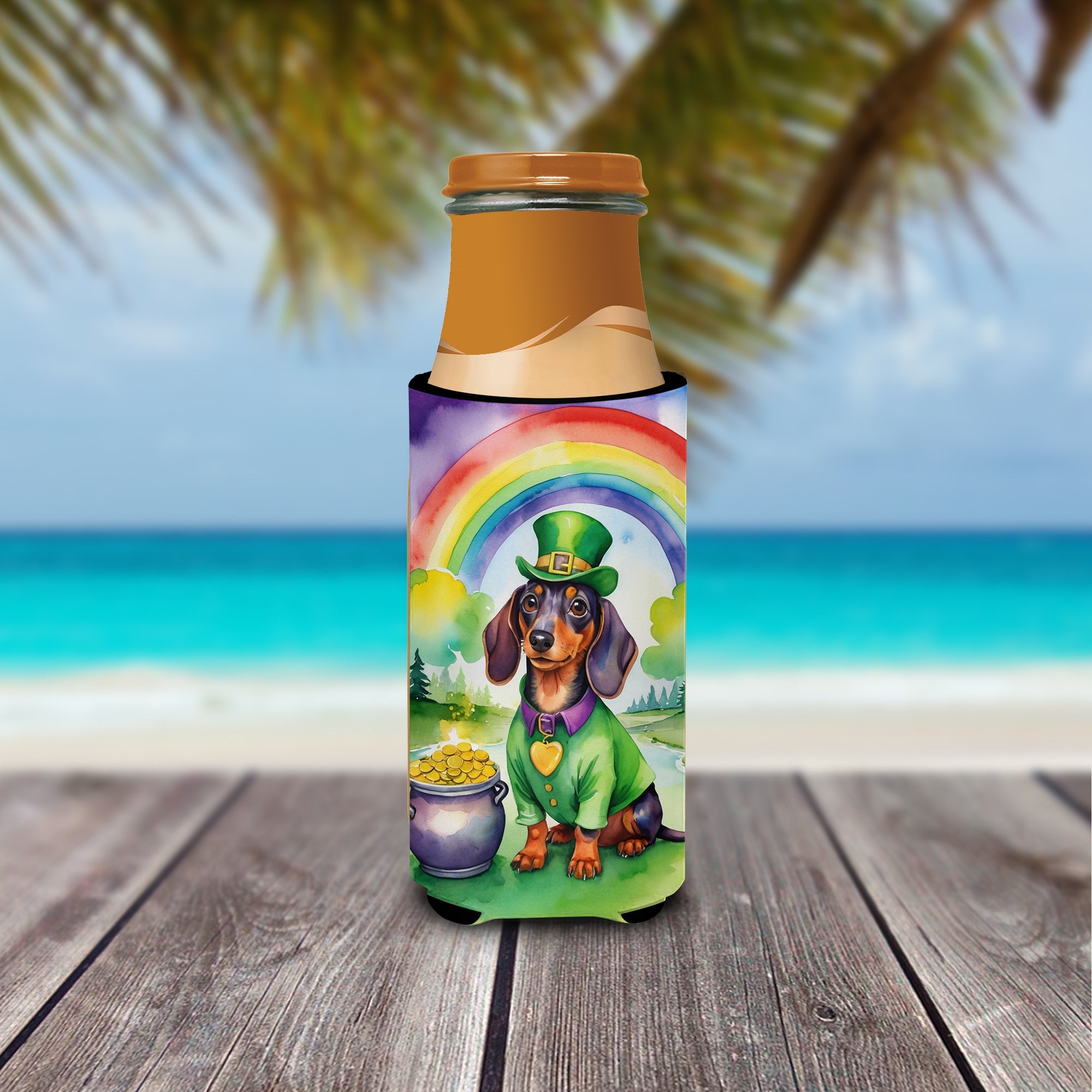 Dachshund St Patrick's Day Slim Can Hugger , Insulated Foam Hugger for 12 oz Slim Cans, Beer Bottles & Water Bottles, Printed in USA