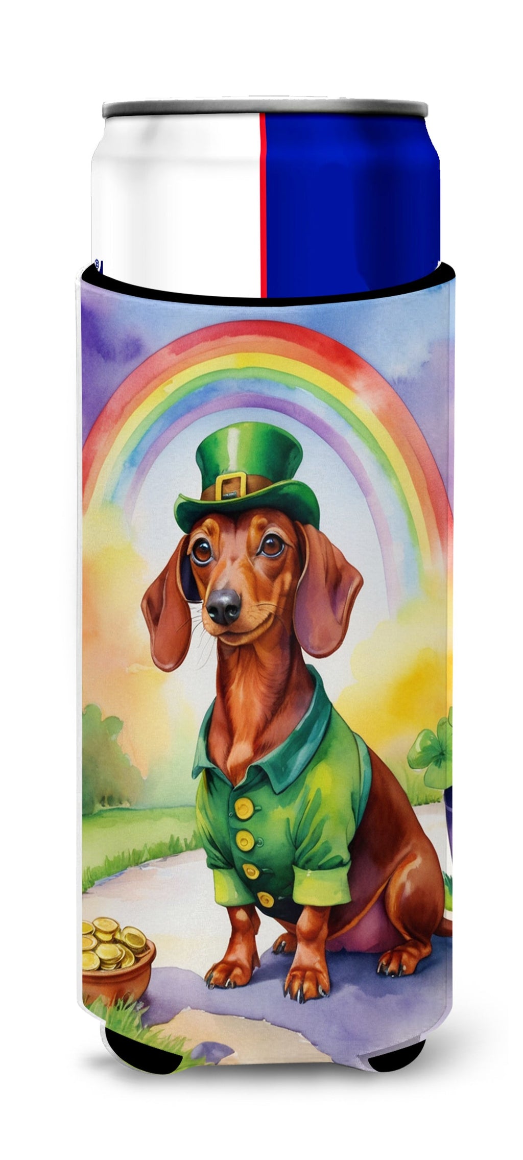 Dachshund St Patrick's Day Slim Can Hugger , Insulated Foam Hugger for 12 oz Slim Cans, Beer Bottles & Water Bottles, Printed in USA