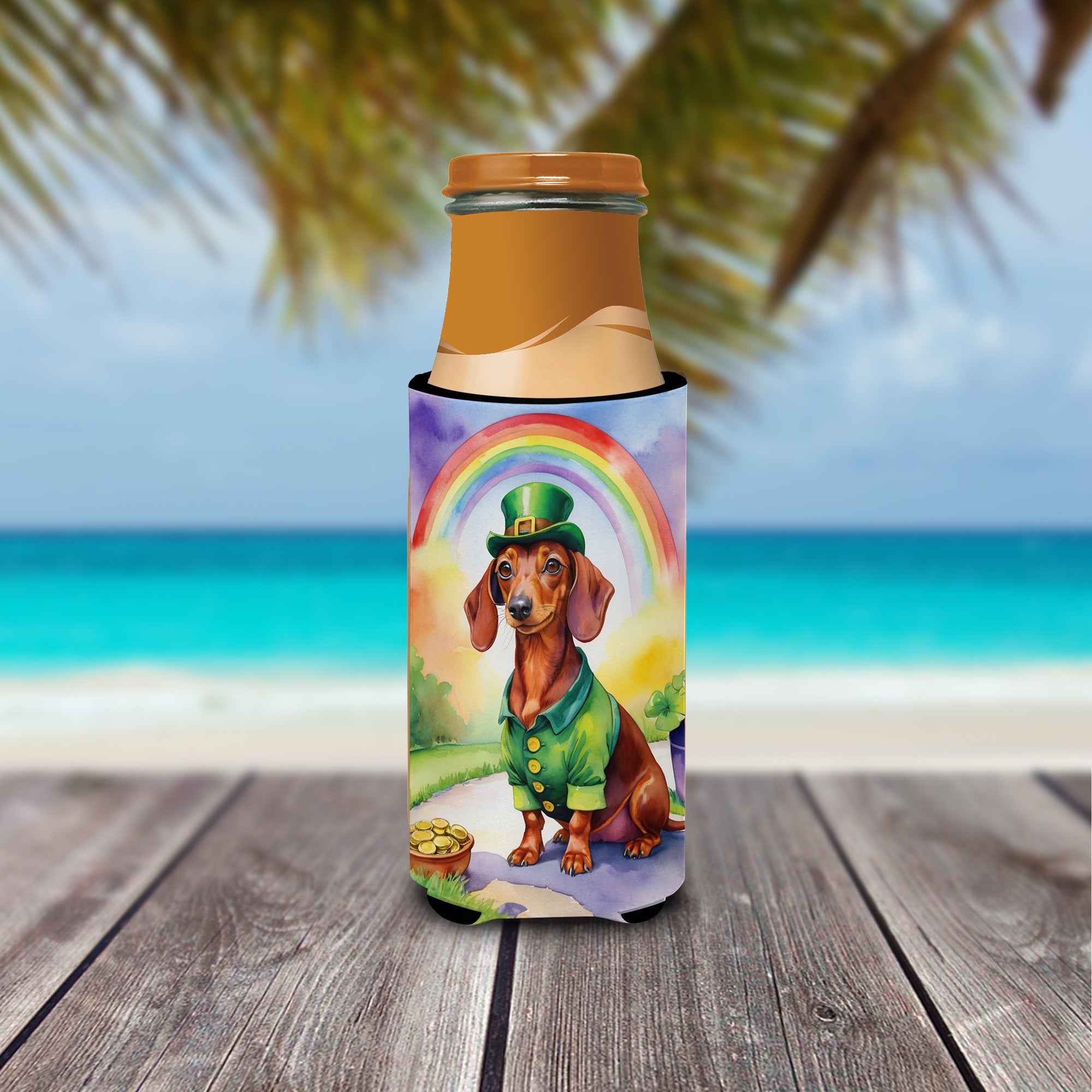 Dachshund St Patrick's Day Slim Can Hugger , Insulated Foam Hugger for 12 oz Slim Cans, Beer Bottles & Water Bottles, Printed in USA