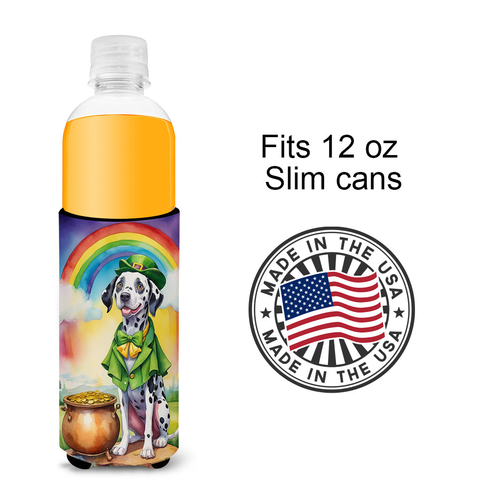 Dalmatian St Patrick's Day Slim Can Hugger , Insulated Foam Hugger for 12 oz Slim Cans, Beer Bottles & Water Bottles, Printed in USA