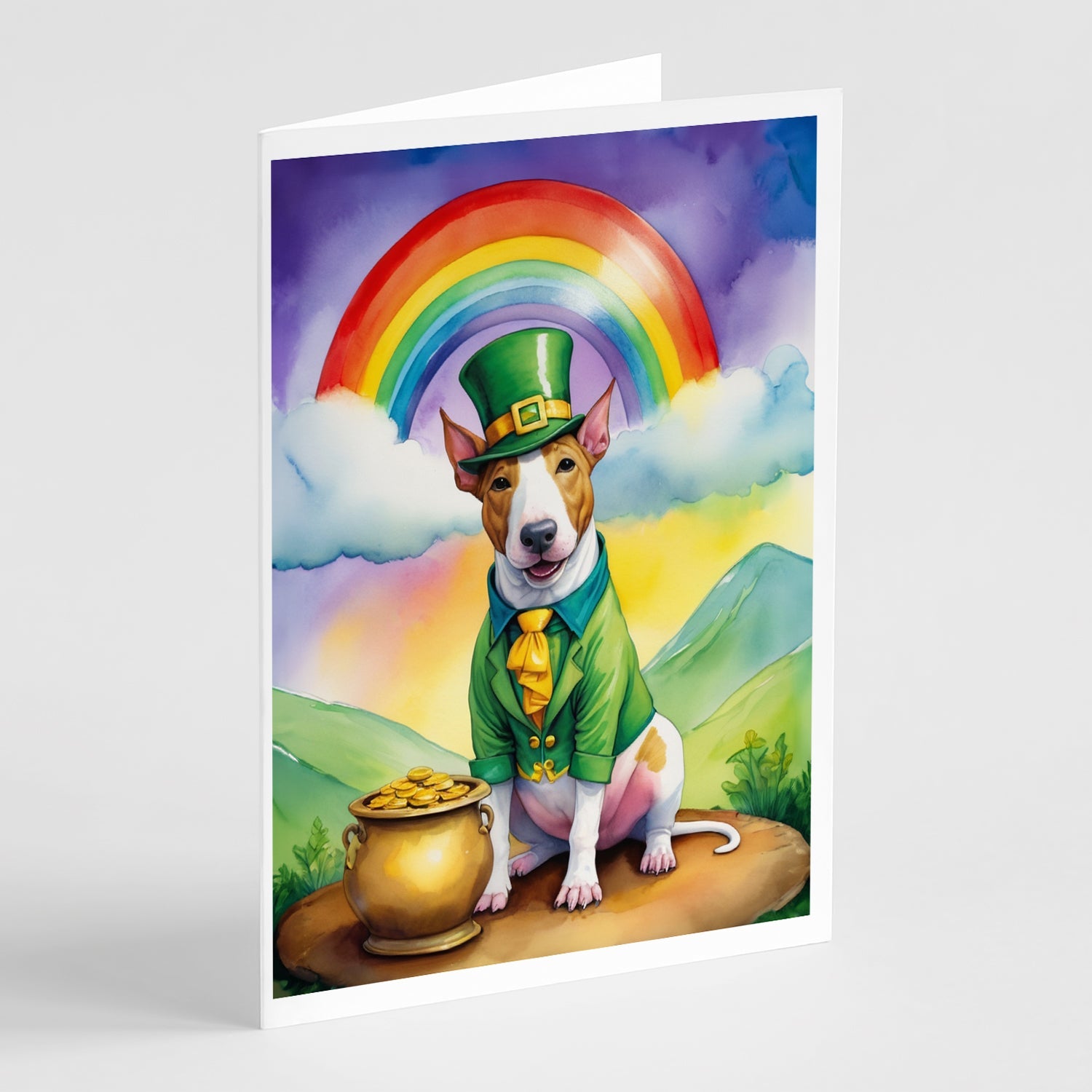English Bull Terrier St Patrick's Day Greeting Cards Pack of 8 Blank Cards with Envelopes Whimsical A7 Size 5x7