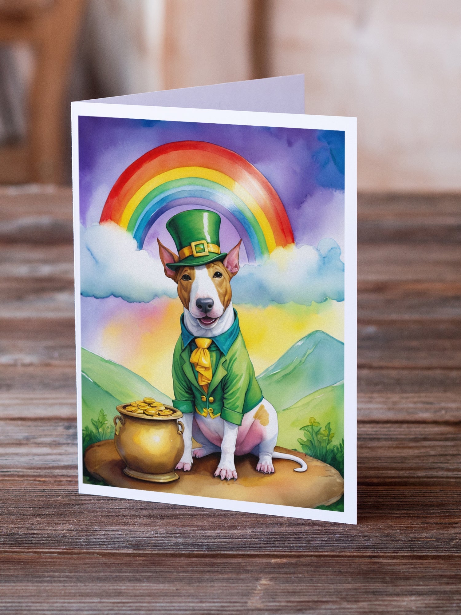 English Bull Terrier St Patrick's Day Greeting Cards Pack of 8 Blank Cards with Envelopes Whimsical A7 Size 5x7