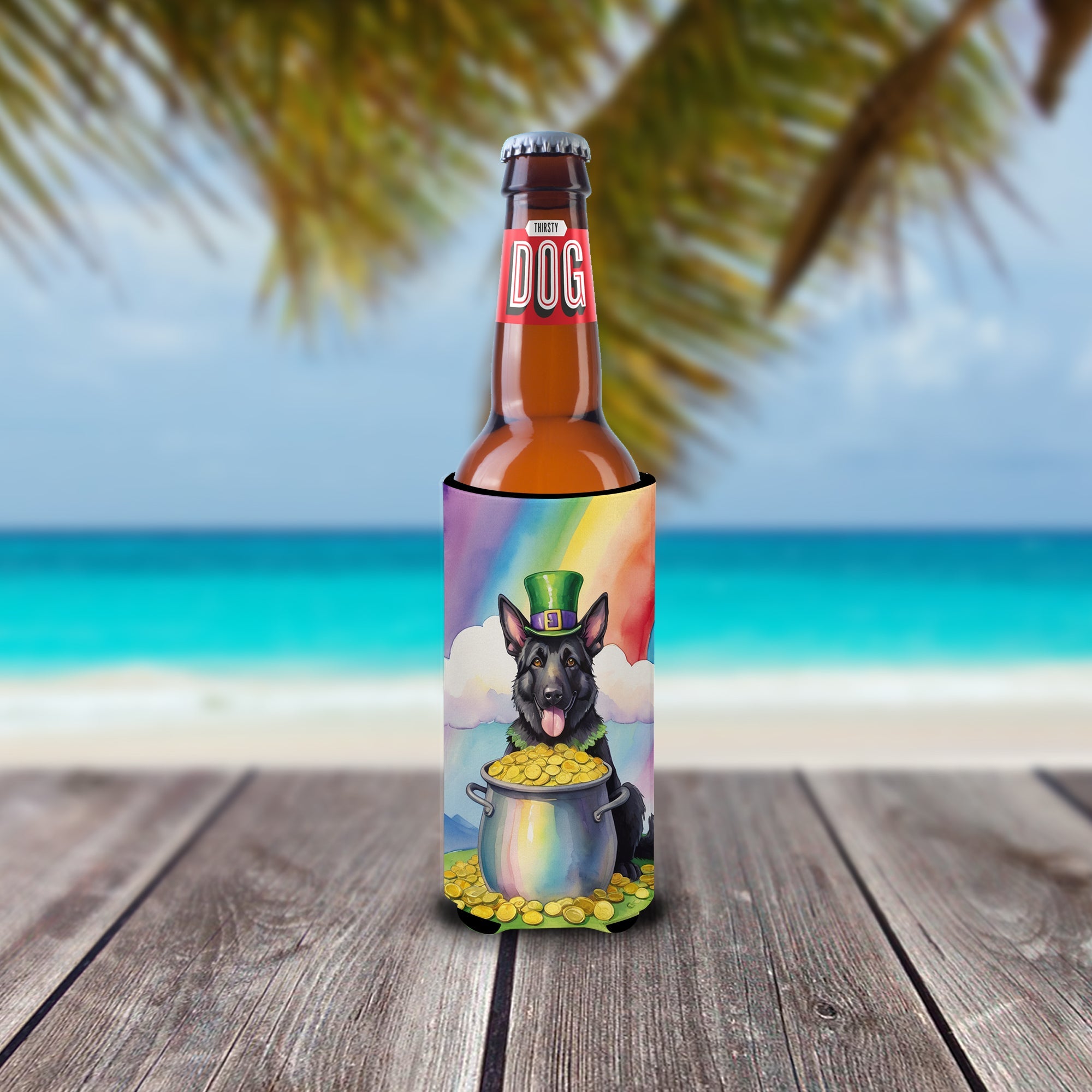 German Shepherd St Patrick's Day Slim Can Hugger , Insulated Foam Hugger for 12 oz Slim Cans, Beer Bottles & Water Bottles, Printed in USA