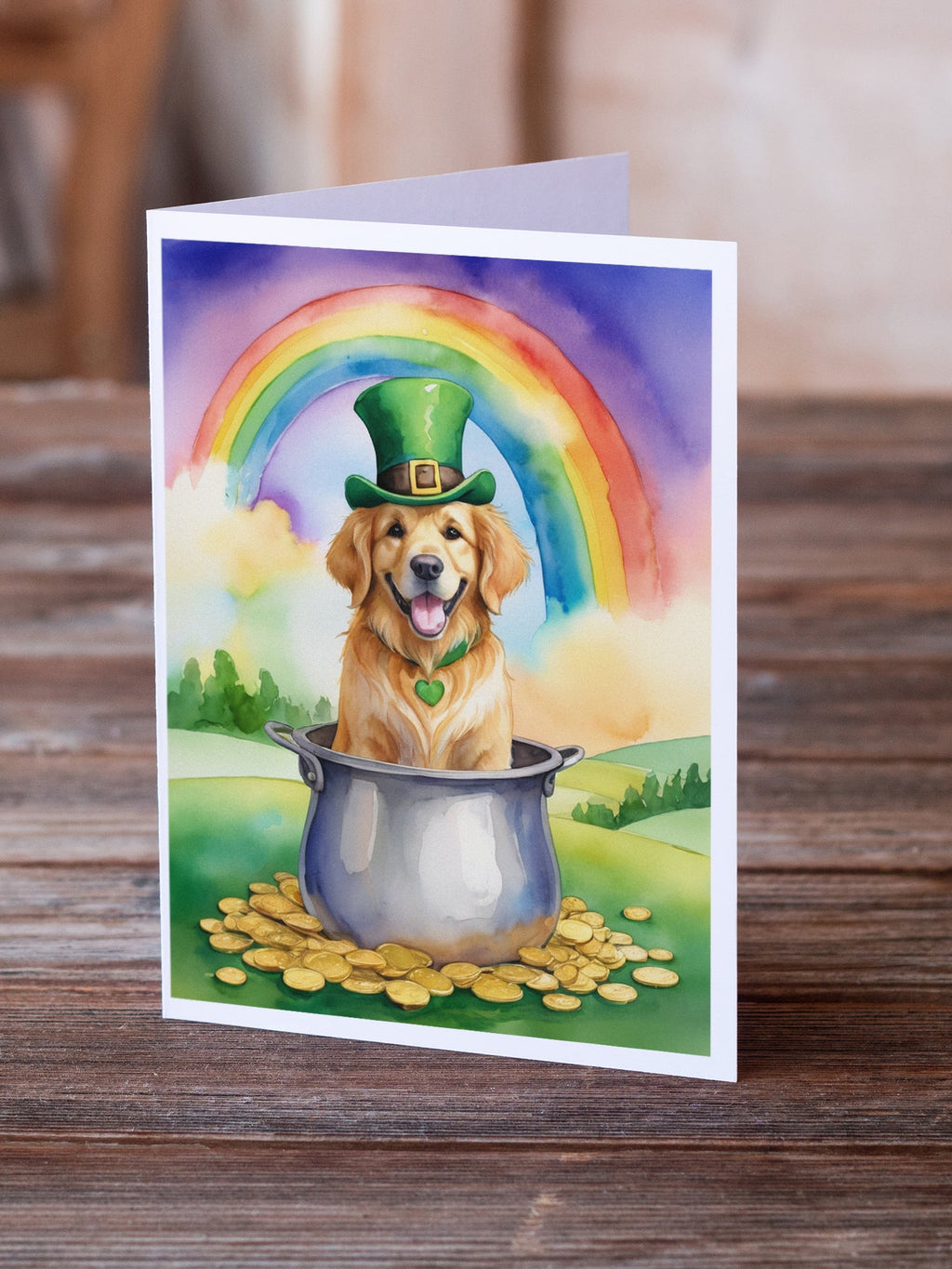 Golden Retriever St Patrick's Day Greeting Cards Pack of 8 Blank Cards with Envelopes Whimsical A7 Size 5x7