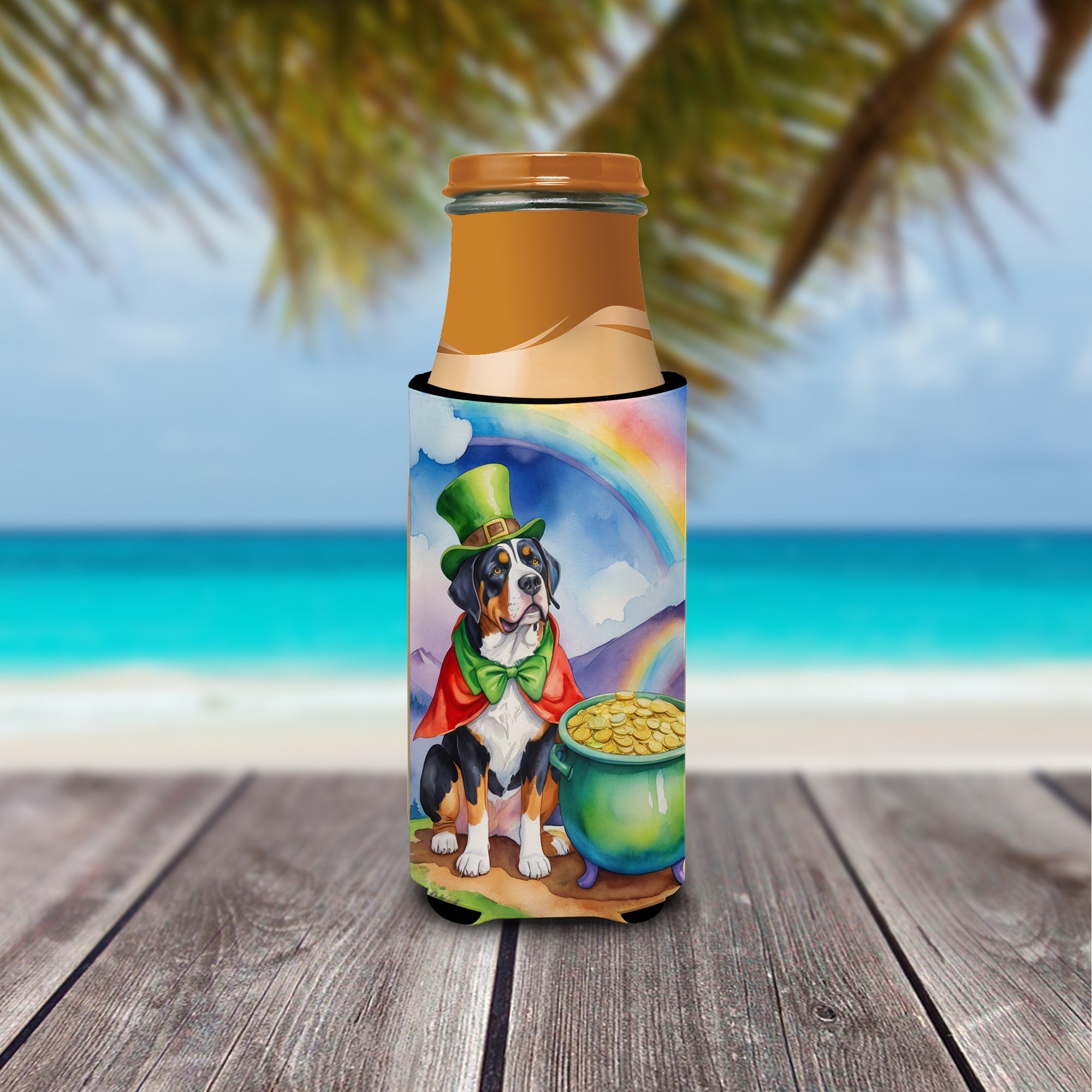 Greater Swiss Mountain Dog St Patrick's Day Slim Can Hugger , Insulated Foam Hugger for 12 oz Slim Cans, Beer Bottles & Water Bottles, Printed in USA