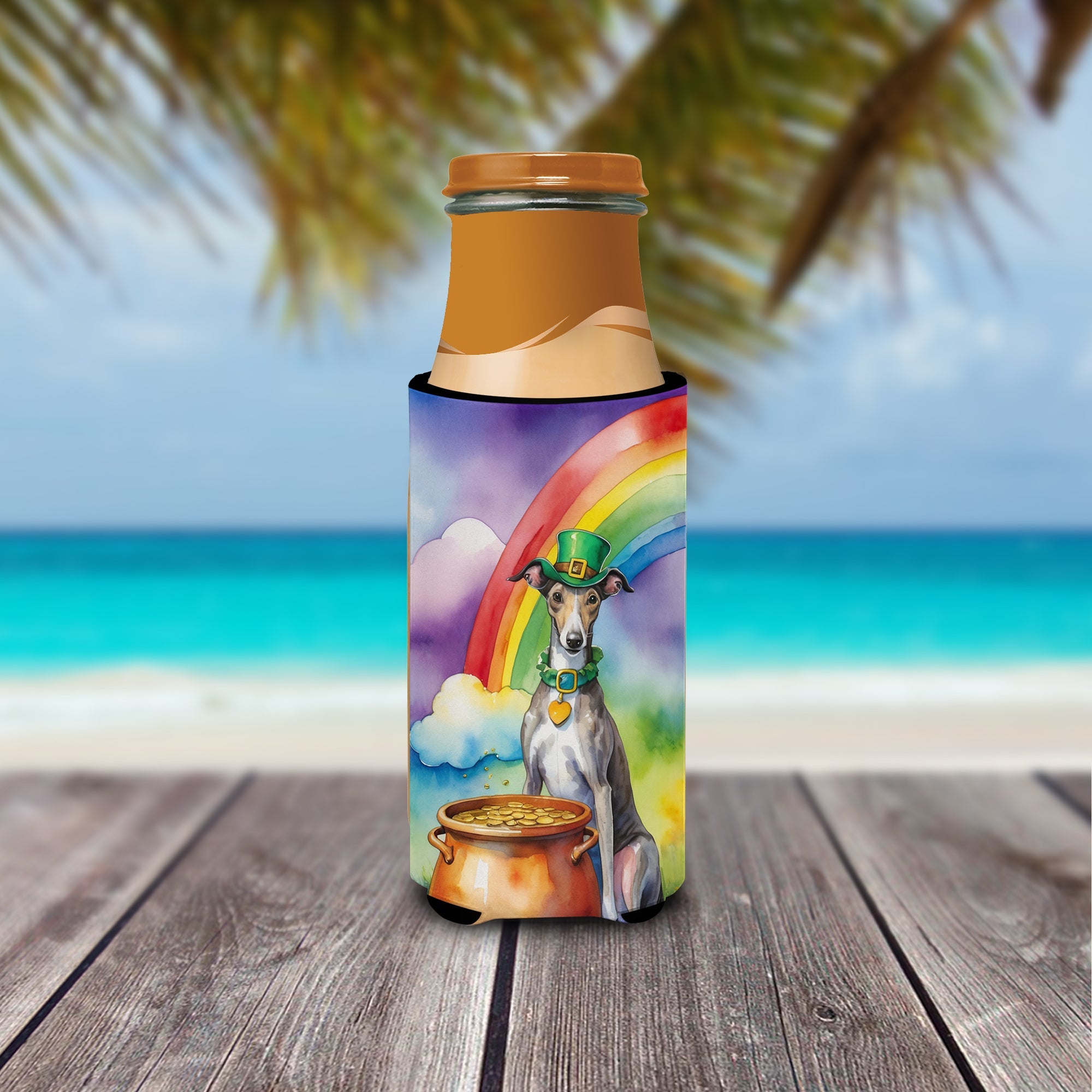 Greyhound St Patrick's Day Slim Can Hugger , Insulated Foam Hugger for 12 oz Slim Cans, Beer Bottles & Water Bottles, Printed in USA
