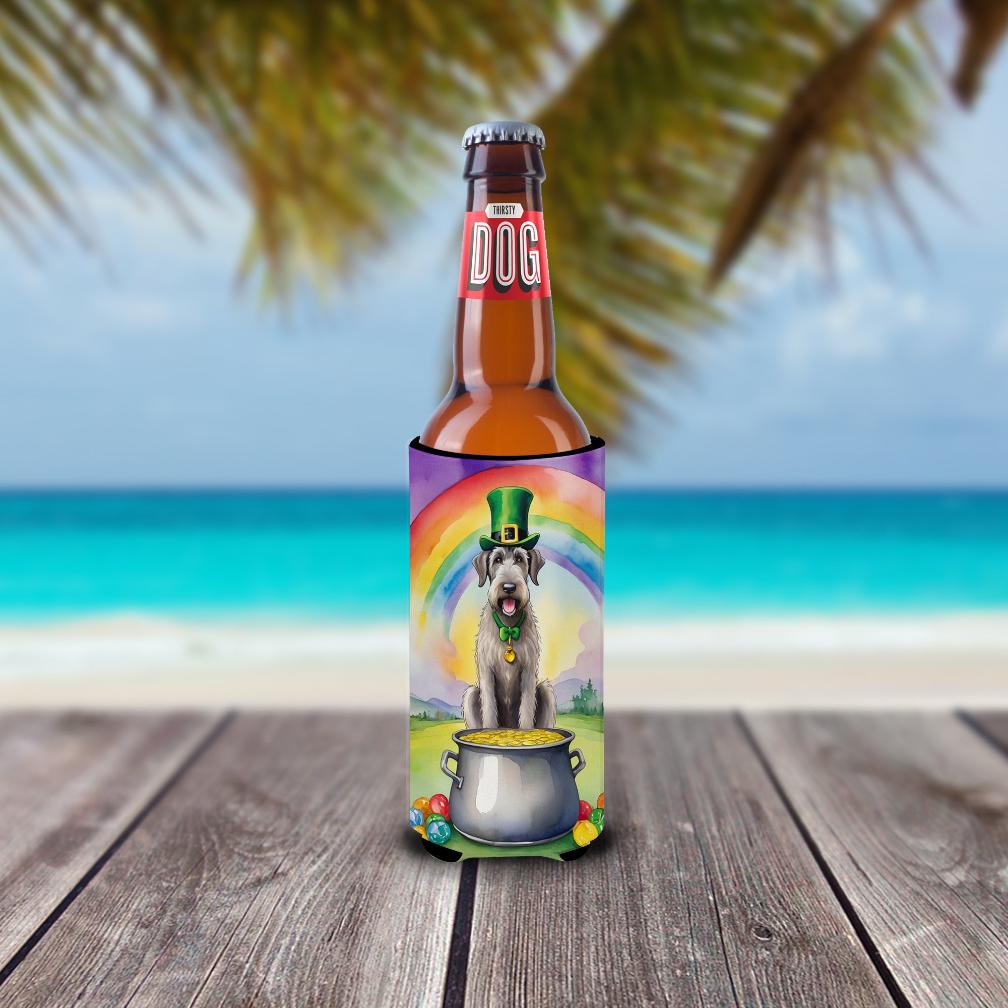 Irish Wolfhound St Patrick's Day Slim Can Hugger , Insulated Foam Hugger for 12 oz Slim Cans, Beer Bottles & Water Bottles, Printed in USA
