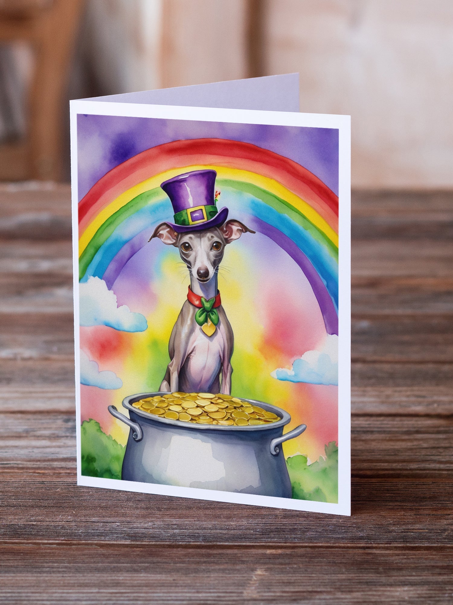 Italian Greyhound St Patrick's Day Greeting Cards Pack of 8 Blank Cards with Envelopes Whimsical A7 Size 5x7
