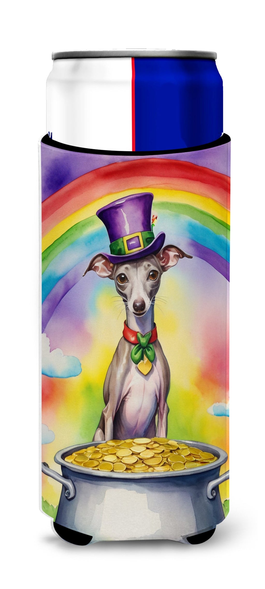 Italian Greyhound St Patrick's Day Slim Can Hugger , Insulated Foam Hugger for 12 oz Slim Cans, Beer Bottles & Water Bottles, Printed in USA