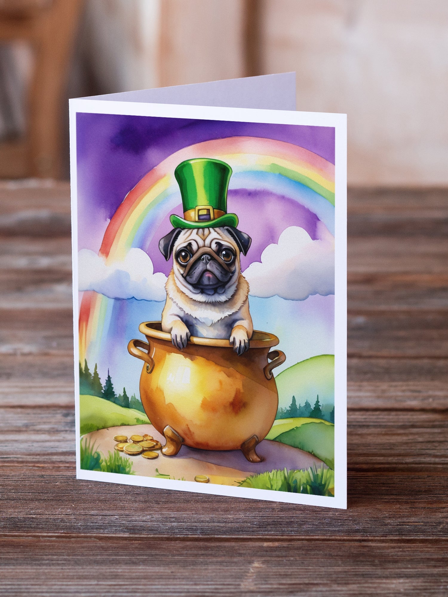 Pug St Patrick's Day Greeting Cards Pack of 8 Blank Cards with Envelopes Whimsical A7 Size 5x7