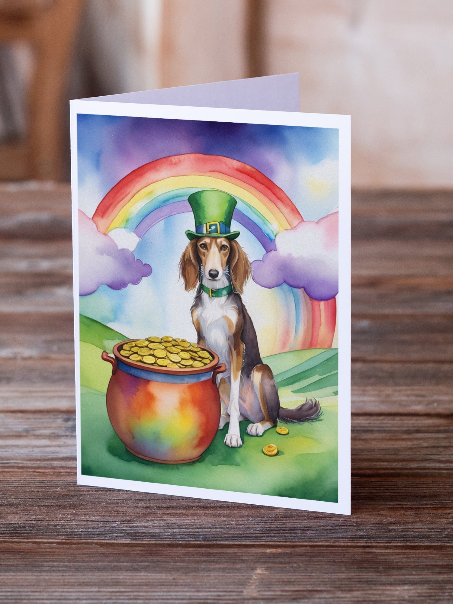 Saluki St Patrick's Day Greeting Cards Pack of 8 Blank Cards with Envelopes Whimsical A7 Size 5x7
