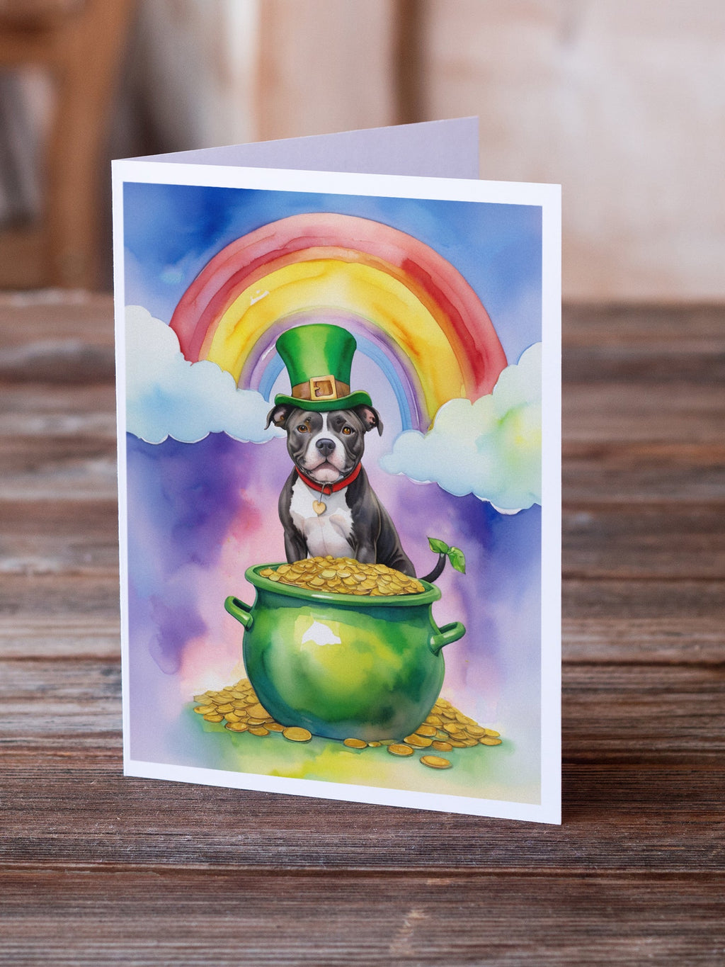 Staffordshire Bull Terrier St Patrick's Day Greeting Cards Pack of 8 Blank Cards with Envelopes Whimsical A7 Size 5x7