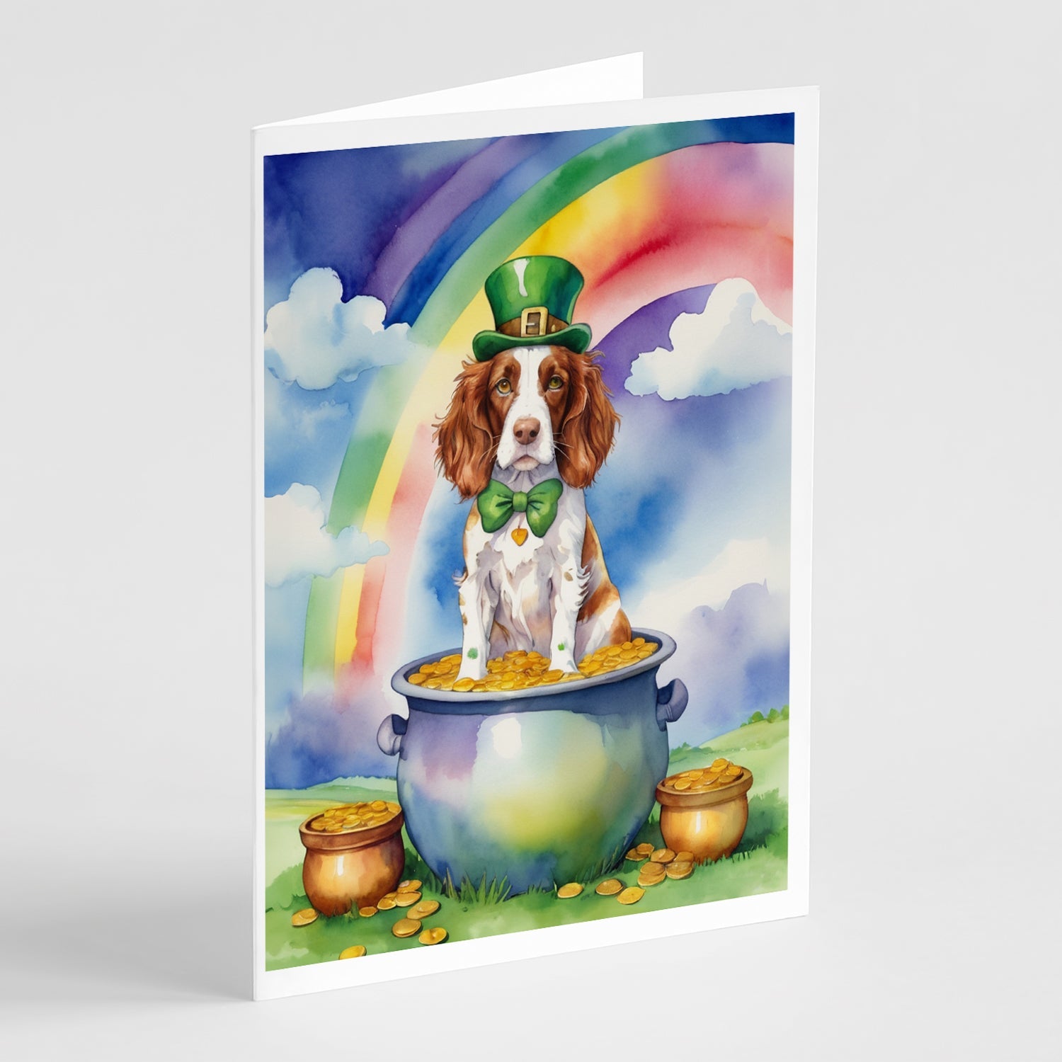 Welsh Springer Spaniel St Patrick's Day Greeting Cards Pack of 8 Blank Cards with Envelopes Whimsical A7 Size 5x7