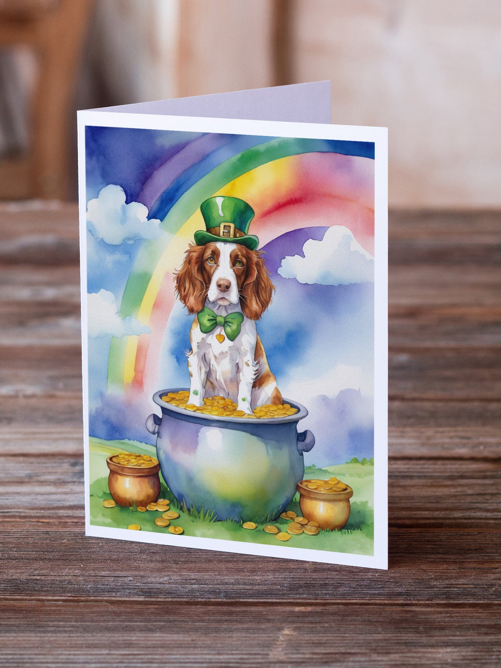 Welsh Springer Spaniel St Patrick's Day Greeting Cards Pack of 8 Blank Cards with Envelopes Whimsical A7 Size 5x7