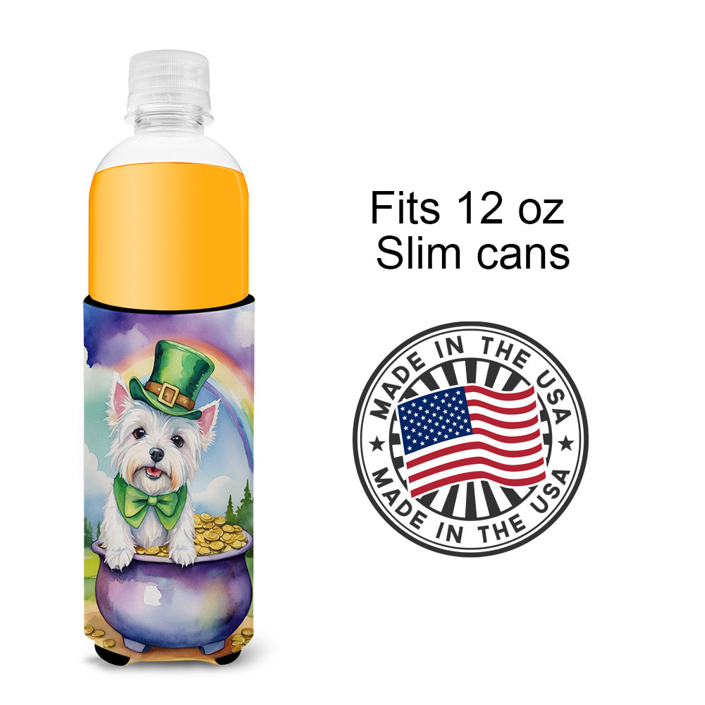 Westie St Patrick's Day Slim Can Hugger , Insulated Foam Hugger for 12 oz Slim Cans, Beer Bottles & Water Bottles, Printed in USA