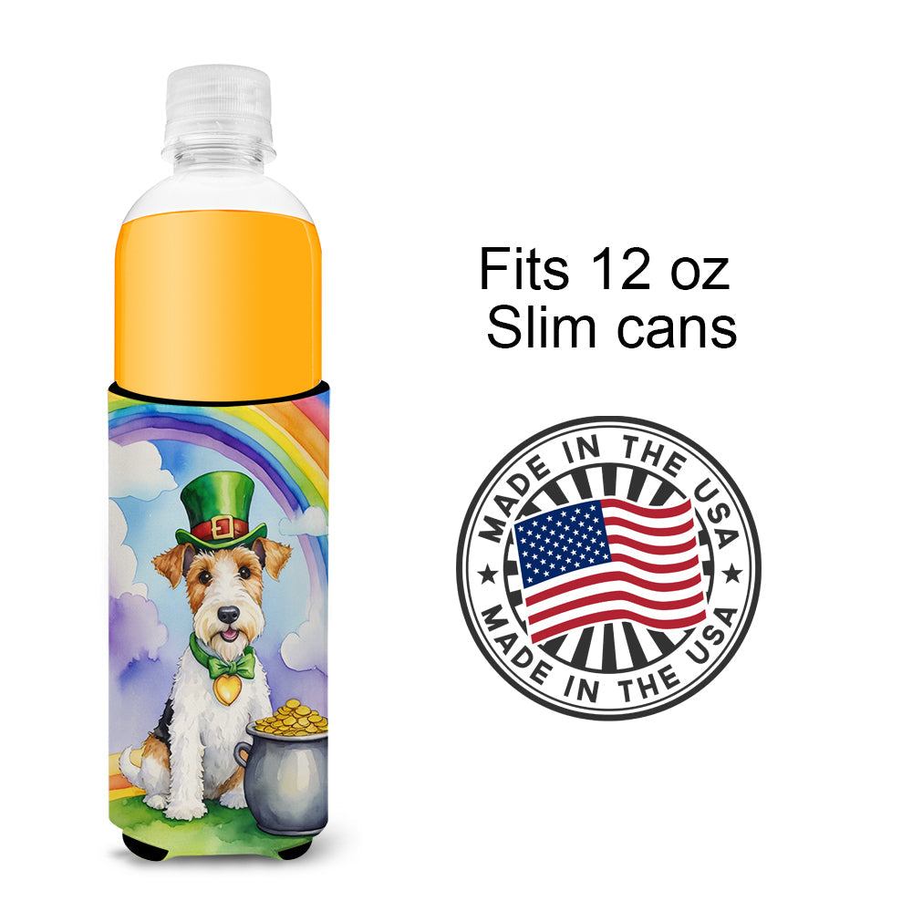 Fox Terrier St Patrick's Day Slim Can Hugger , Insulated Foam Hugger for 12 oz Slim Cans, Beer Bottles & Water Bottles, Printed in USA