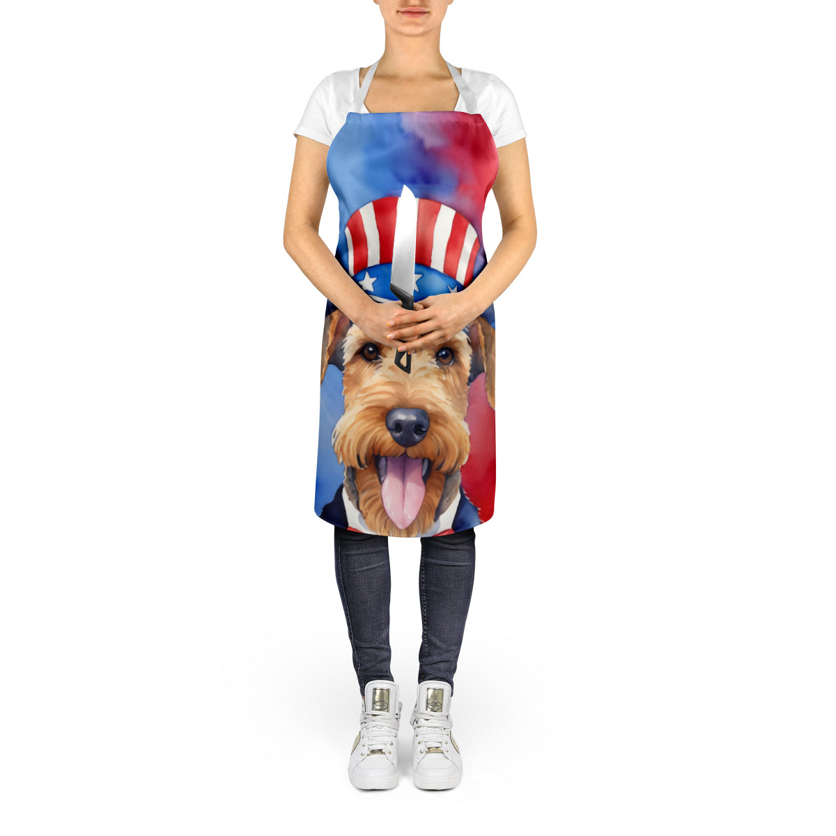 Airedale Terrier Patriotic American Apron Cooking Kitchen Server Baking Crafts Gardening for Adult Women Men, Unisex, Large, Multicolor