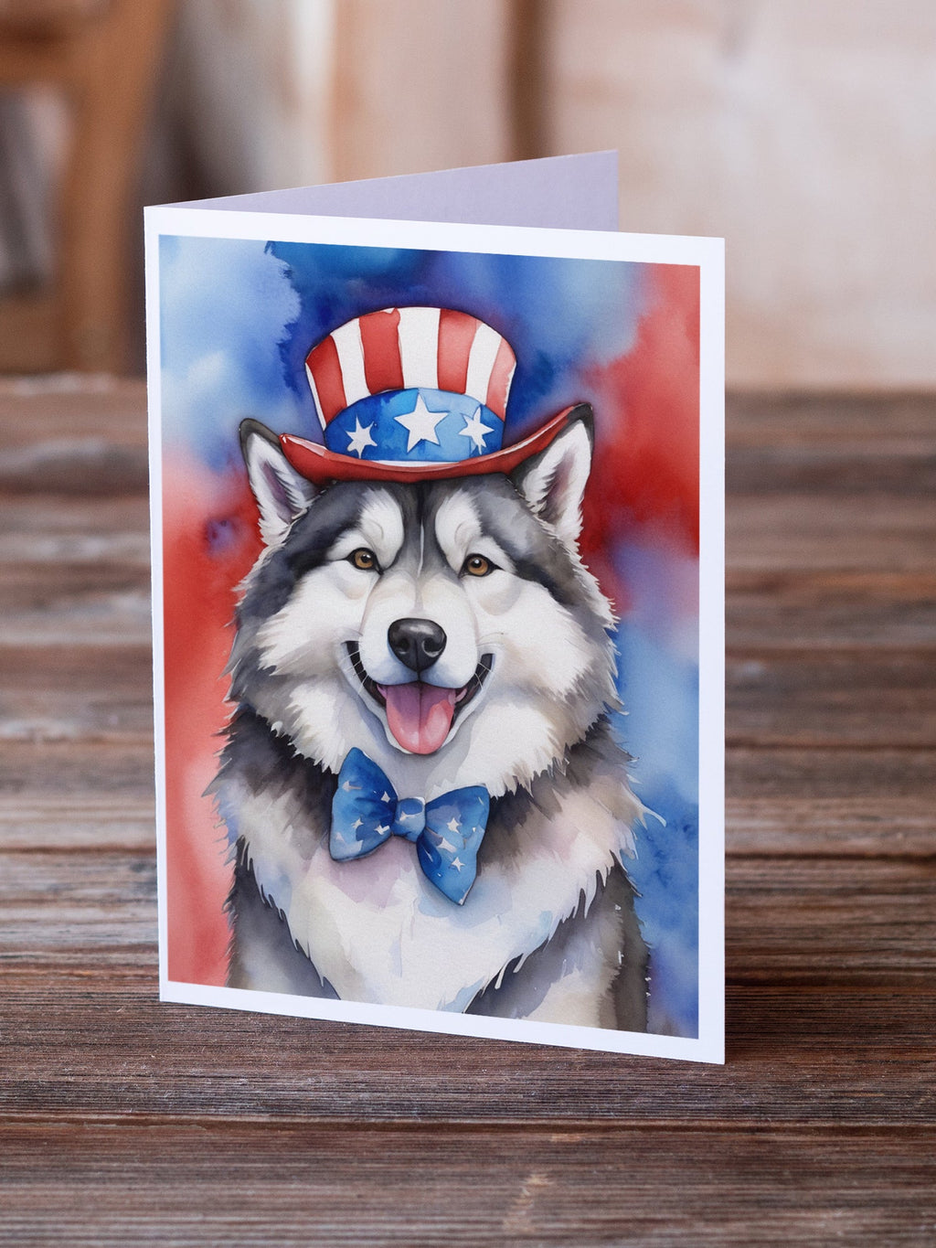 Alaskan Malamute Patriotic American Greeting Cards Pack of 8 Blank Cards with Envelopes Whimsical A7 Size 5x7