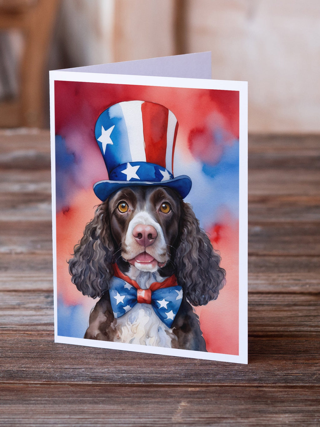 American Water Spaniel Patriotic American Greeting Cards Pack of 8 Blank Cards with Envelopes Whimsical A7 Size 5x7