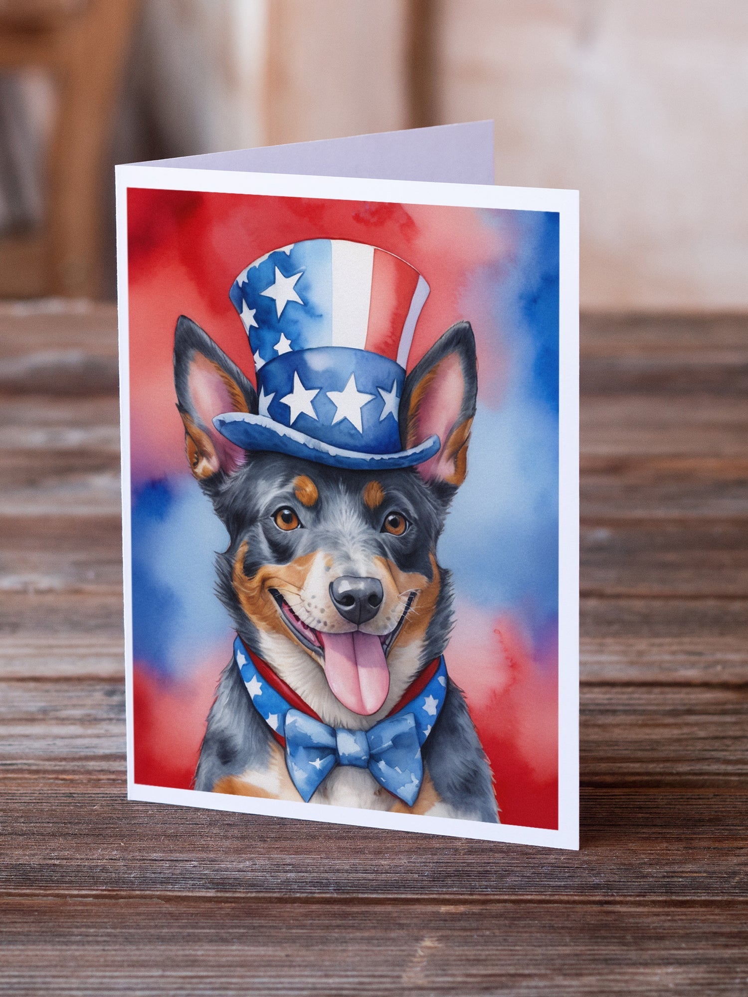 Australian Cattle Dog Patriotic American Greeting Cards Pack of 8 Blank Cards with Envelopes Whimsical A7 Size 5x7