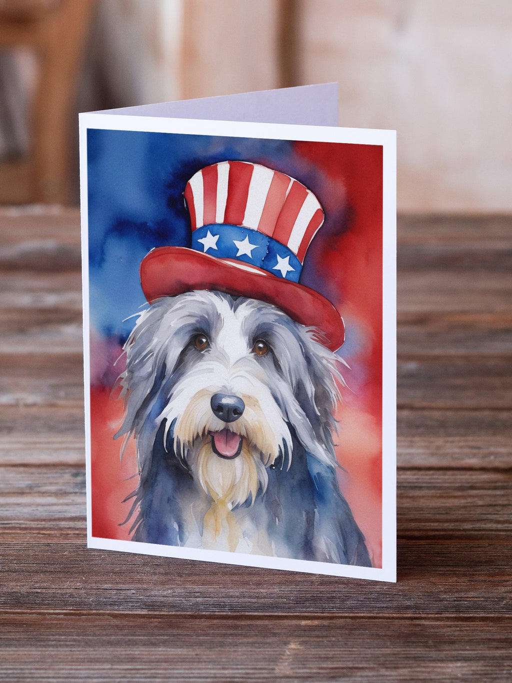 Bearded Collie Patriotic American Greeting Cards Pack of 8 Blank Cards with Envelopes Whimsical A7 Size 5x7