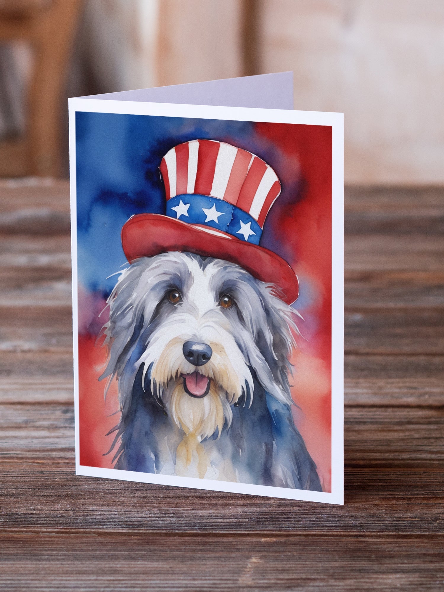 Bearded Collie Patriotic American Greeting Cards Pack of 8 Blank Cards with Envelopes Whimsical A7 Size 5x7