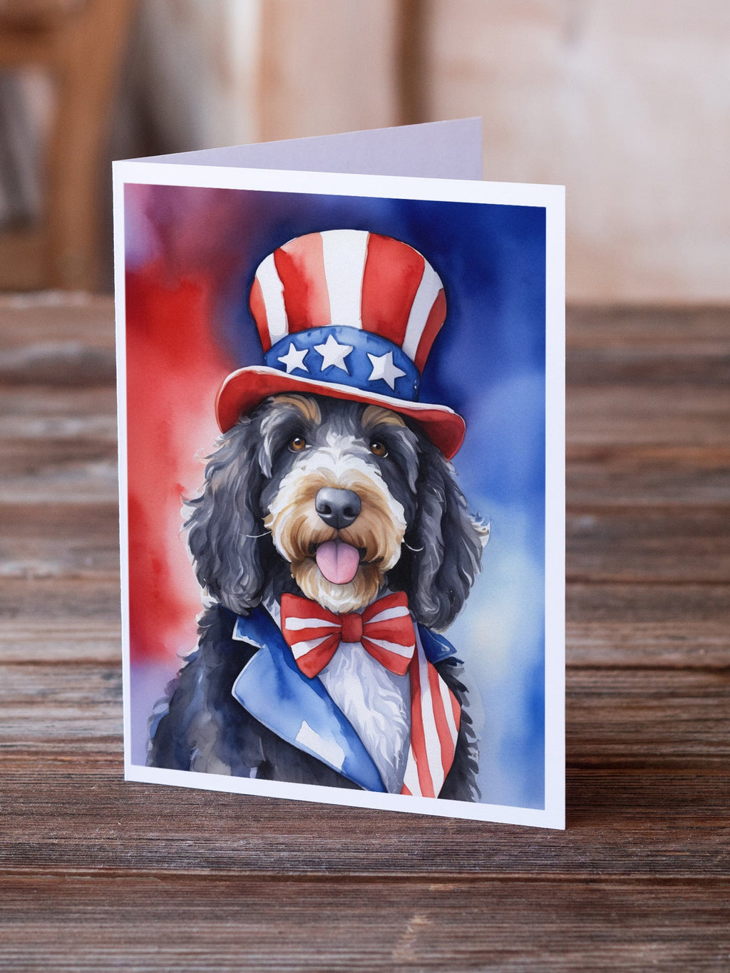 Bernedoodle Patriotic American Greeting Cards Pack of 8 Blank Cards with Envelopes Whimsical A7 Size 5x7