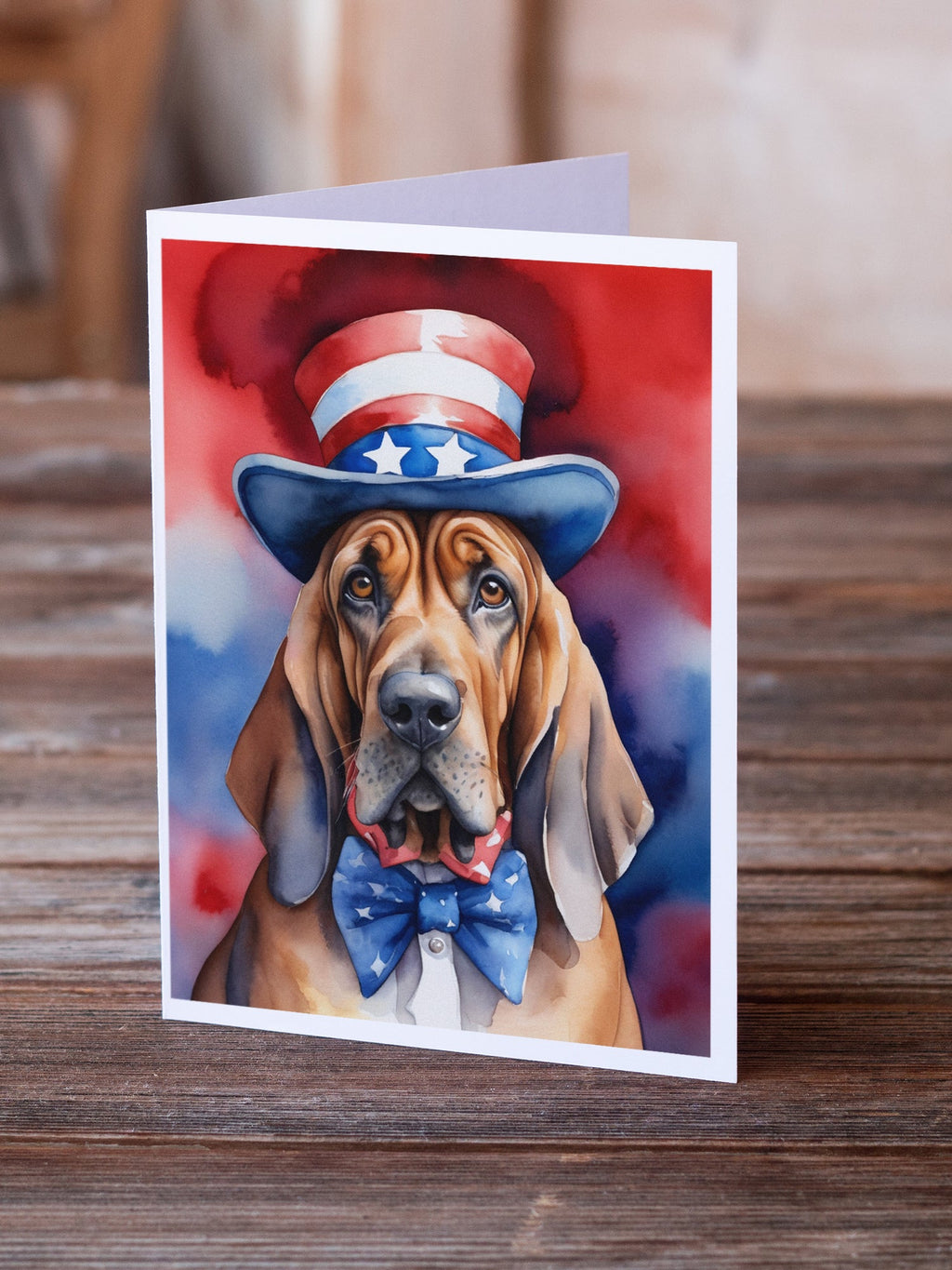 Bloodhound Patriotic American Greeting Cards Pack of 8 Blank Cards with Envelopes Whimsical A7 Size 5x7