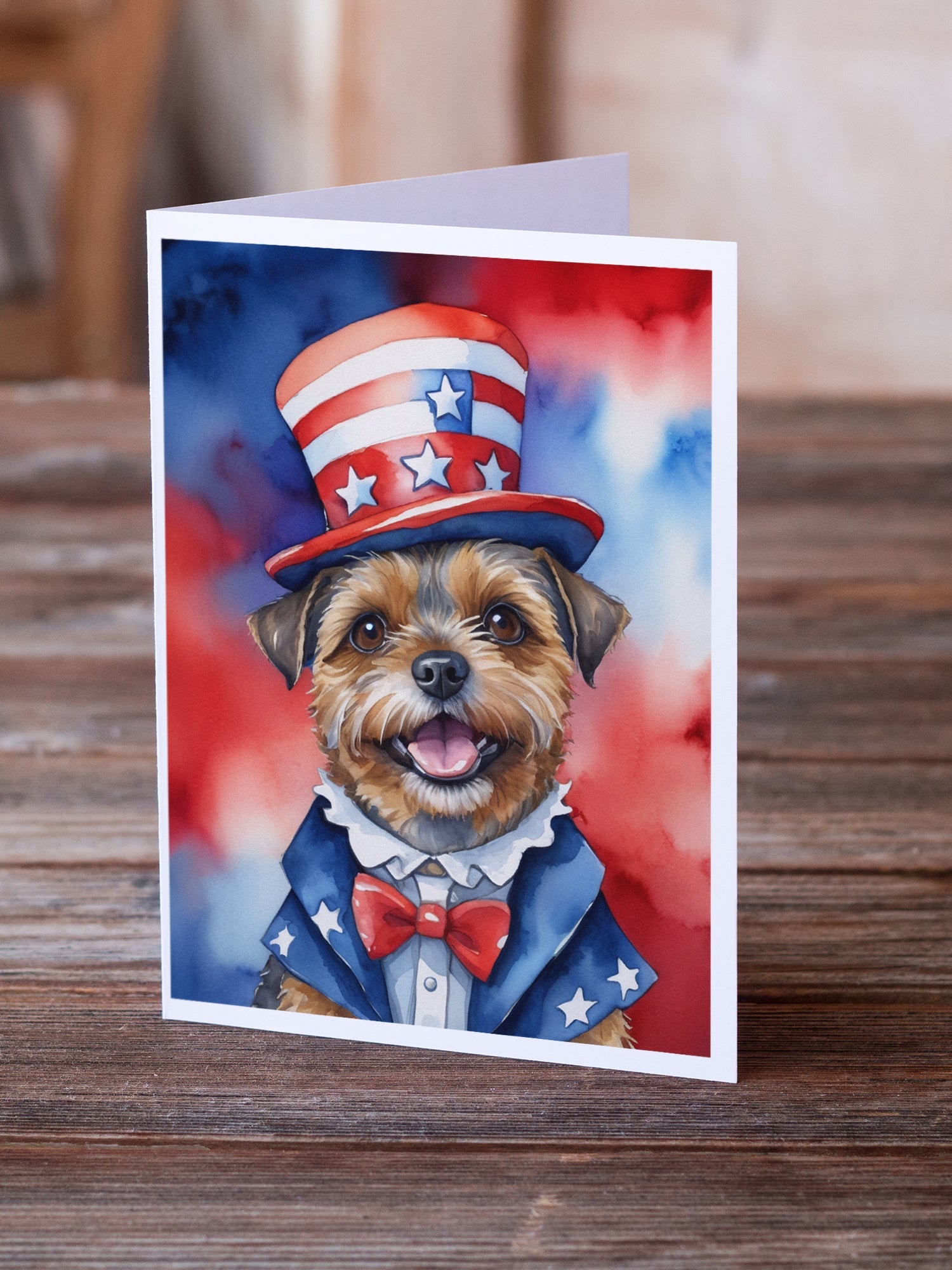 Border Terrier Patriotic American Greeting Cards Pack of 8 Blank Cards with Envelopes Whimsical A7 Size 5x7