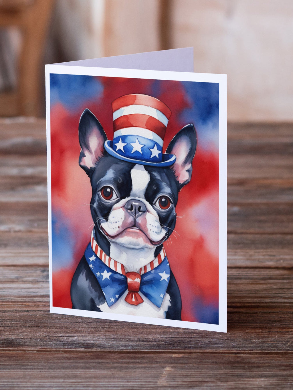 Boston Terrier Patriotic American Greeting Cards Pack of 8 Blank Cards with Envelopes Whimsical A7 Size 5x7